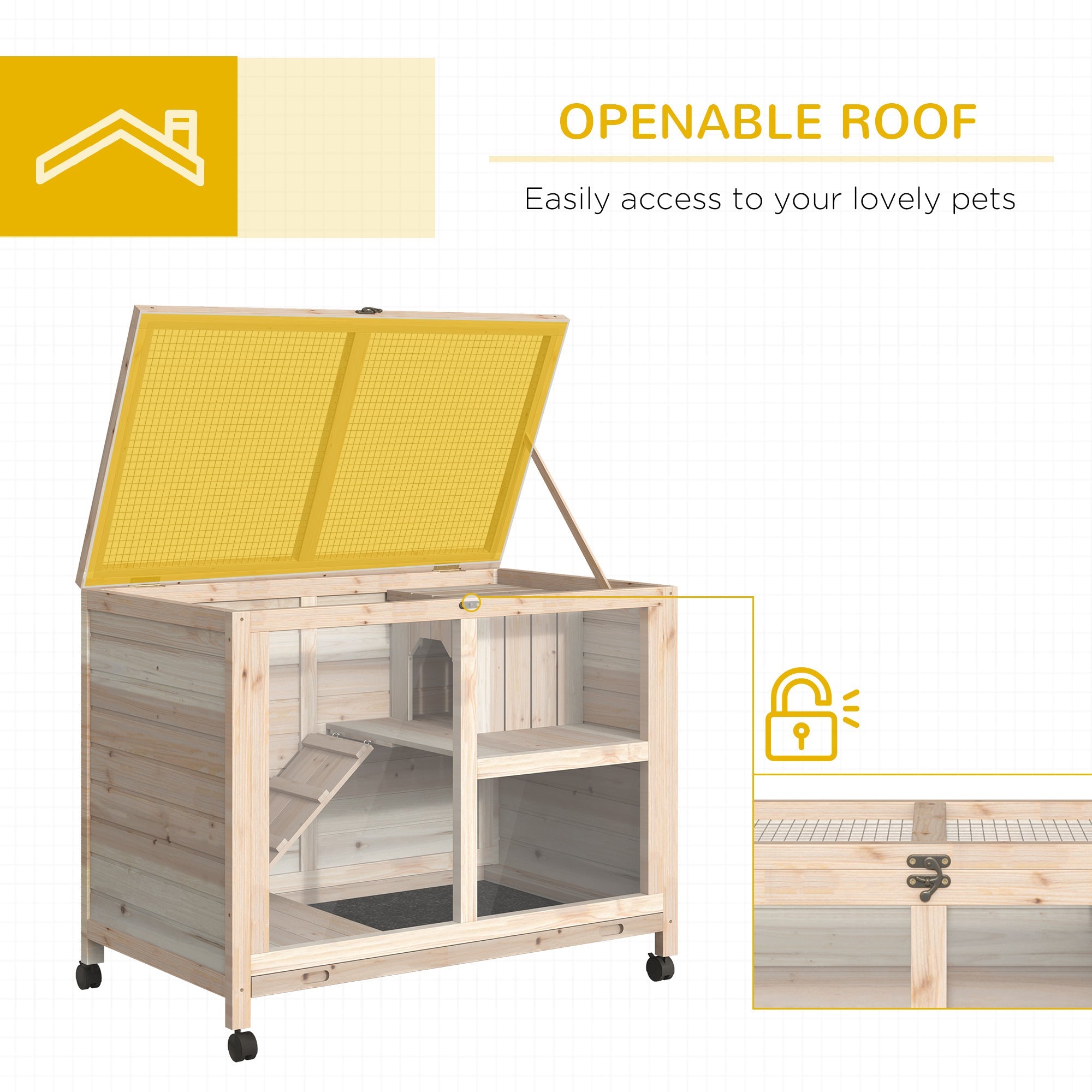 Wooden Rabbit Hutch Guinea Pigs House Bunny Small Animal Cage W/ Pull-out Tray Openable Roof Wheels 91.5 x 53.3 x 73 cm-4