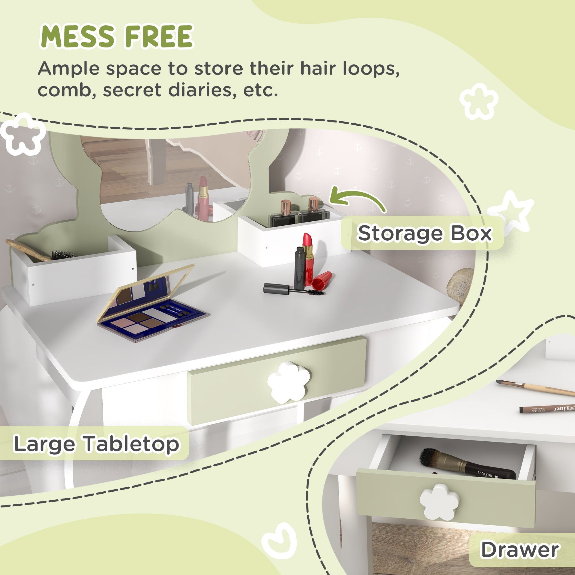 Kids Vanity Table with Mirror and Stool, Drawer, Storage Boxes, Beauty Flower Design, for 3-6 Years Old, White-4