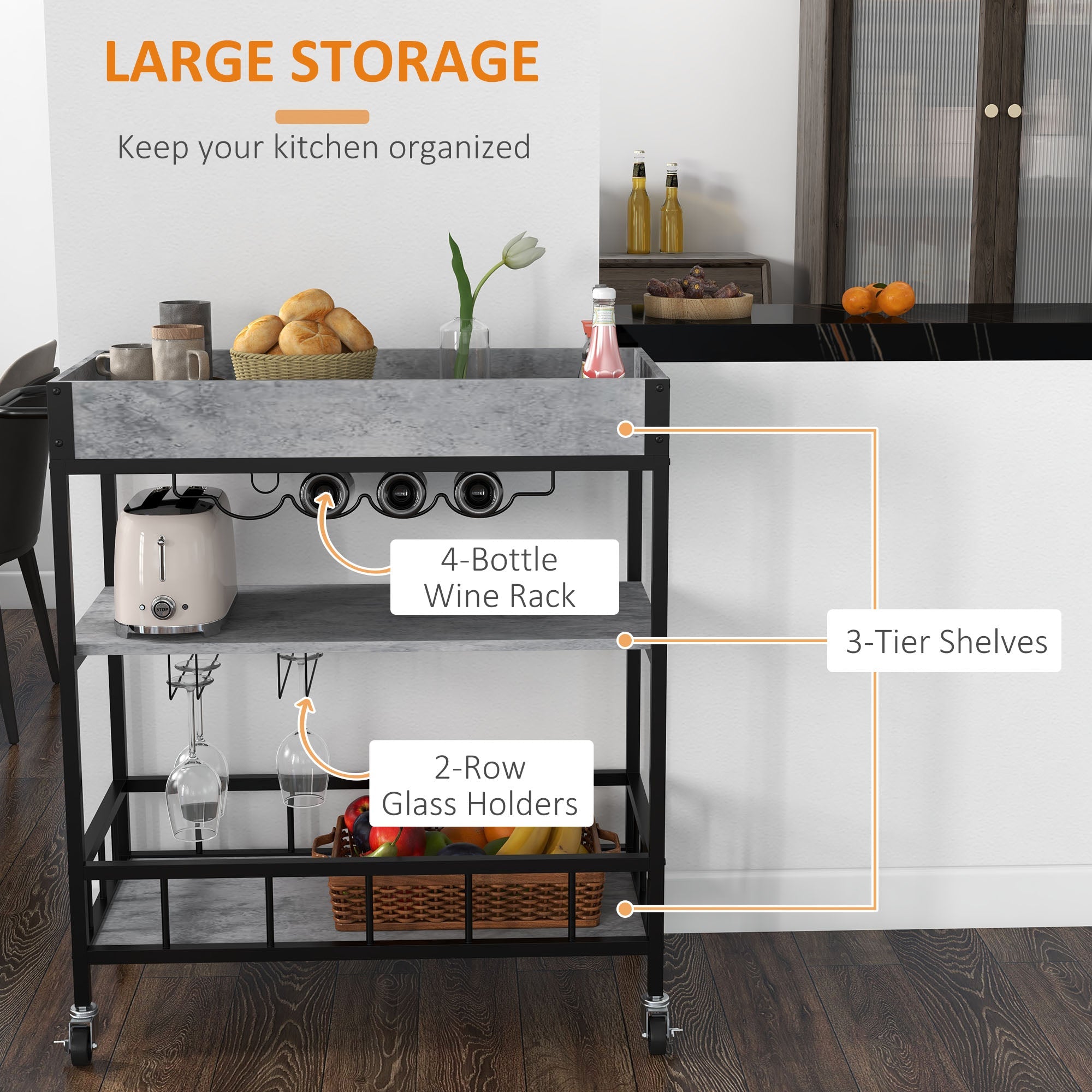 3-Tier Kitchen Cart, Kitchen Island with Storage Shelves, Removable Tray, Wine Racks, Glass Holders, Faux Marbled Grey-3