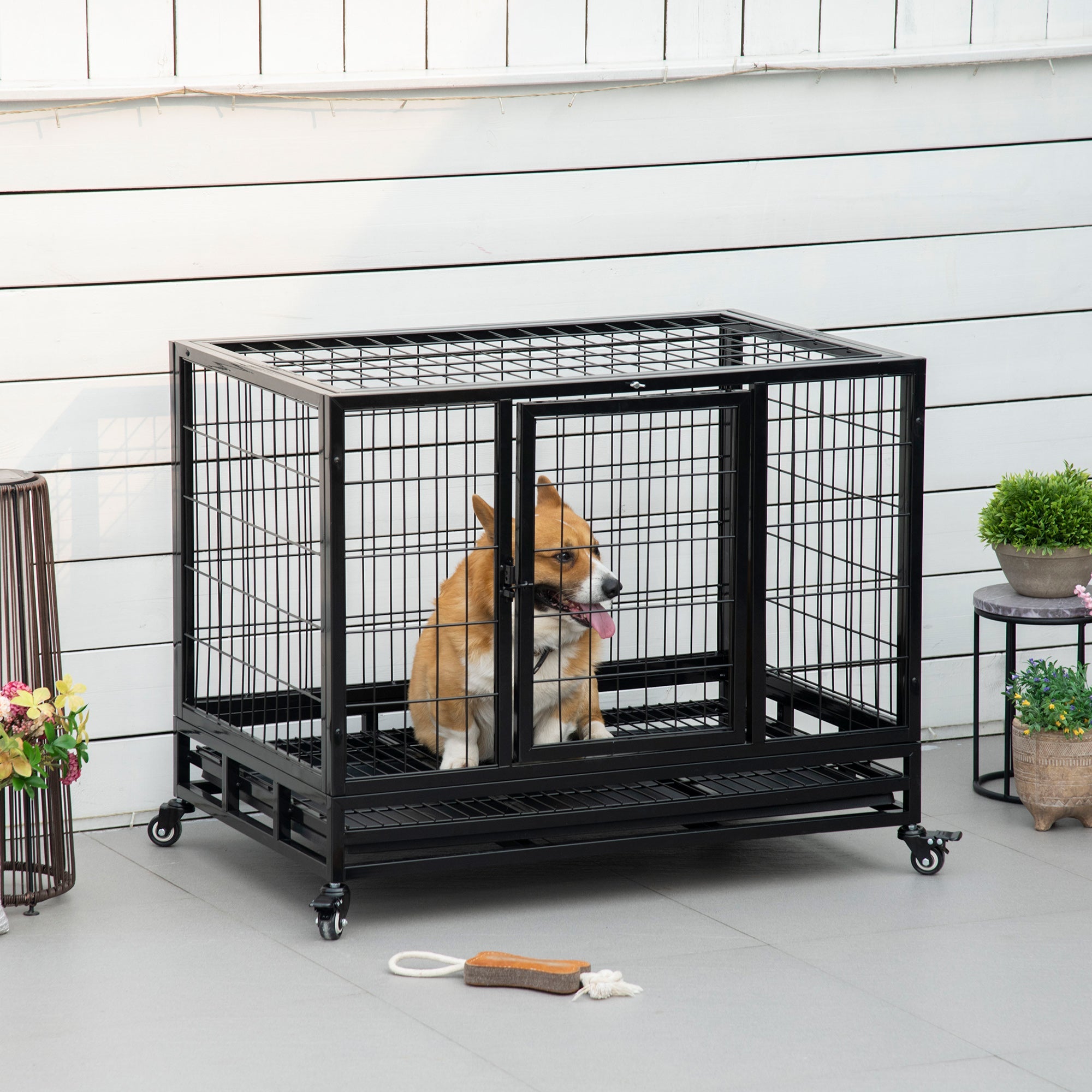 38" Heavy Duty Metal Dog Kennel Pet Cage with Crate Tray and Wheels - Black (Medium)-1