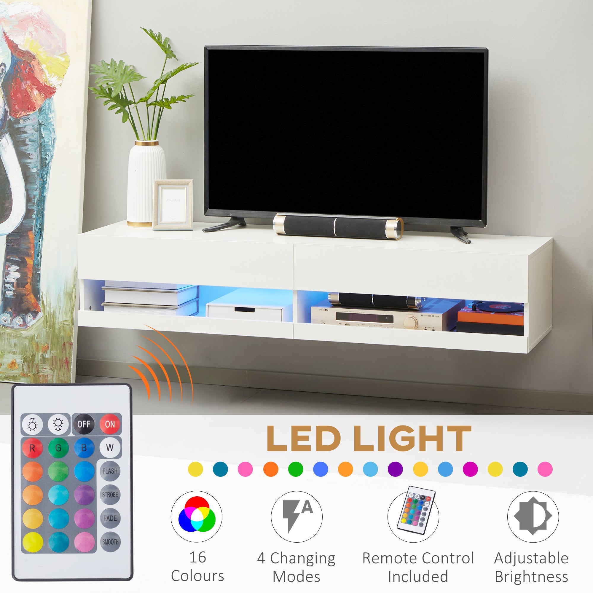 Wall Mounted TV Unit Cabinet for TVs up to 65" with LED Lights, 150 x 40 x 30cm, High Gloss White-4