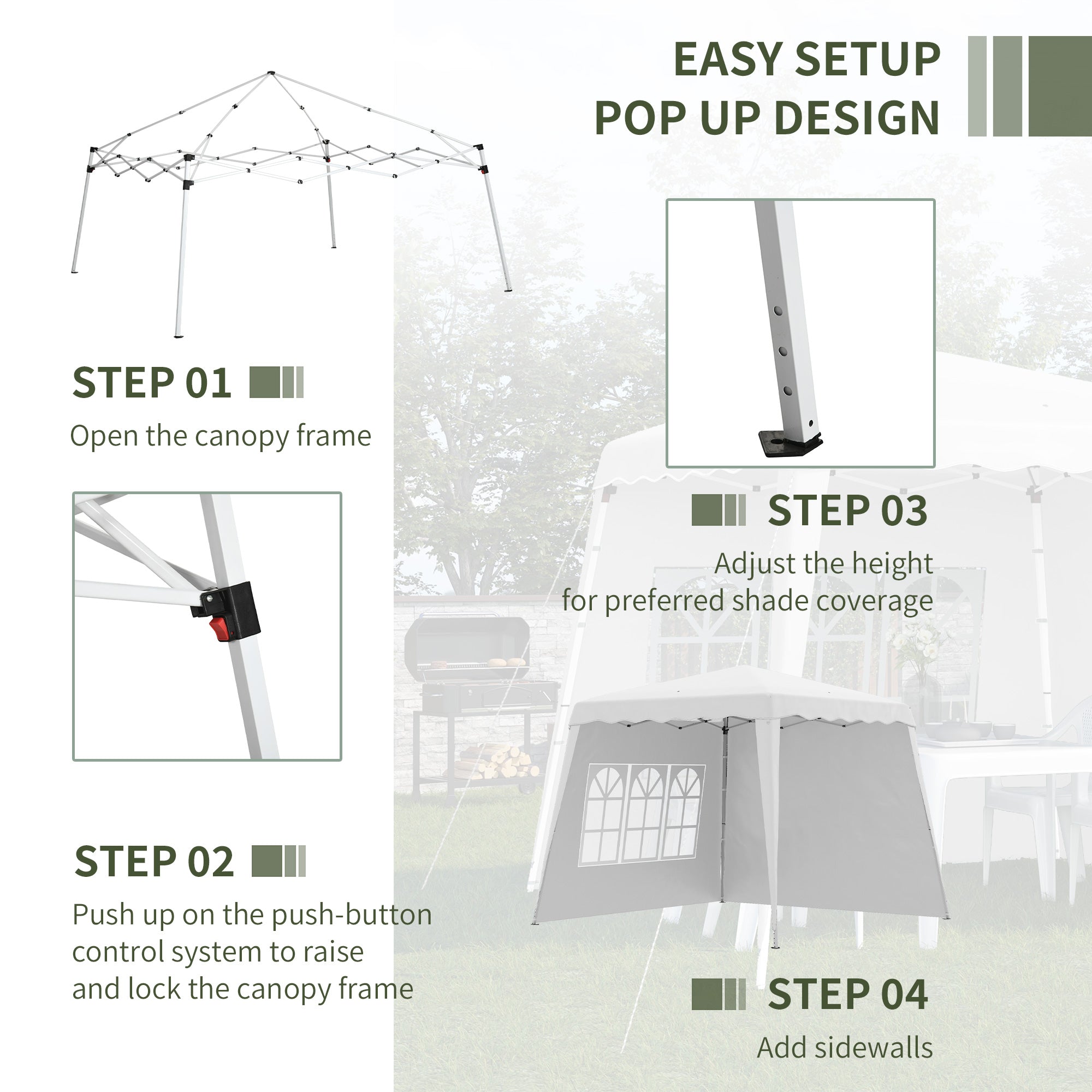 2.9 x 2.9m Pop Up Gazebo with 2 Sides, Slant Legs and Carry Bag, Height Adjustable UV50+ Party Tent Event Shelter for Garden, Patio, White-4