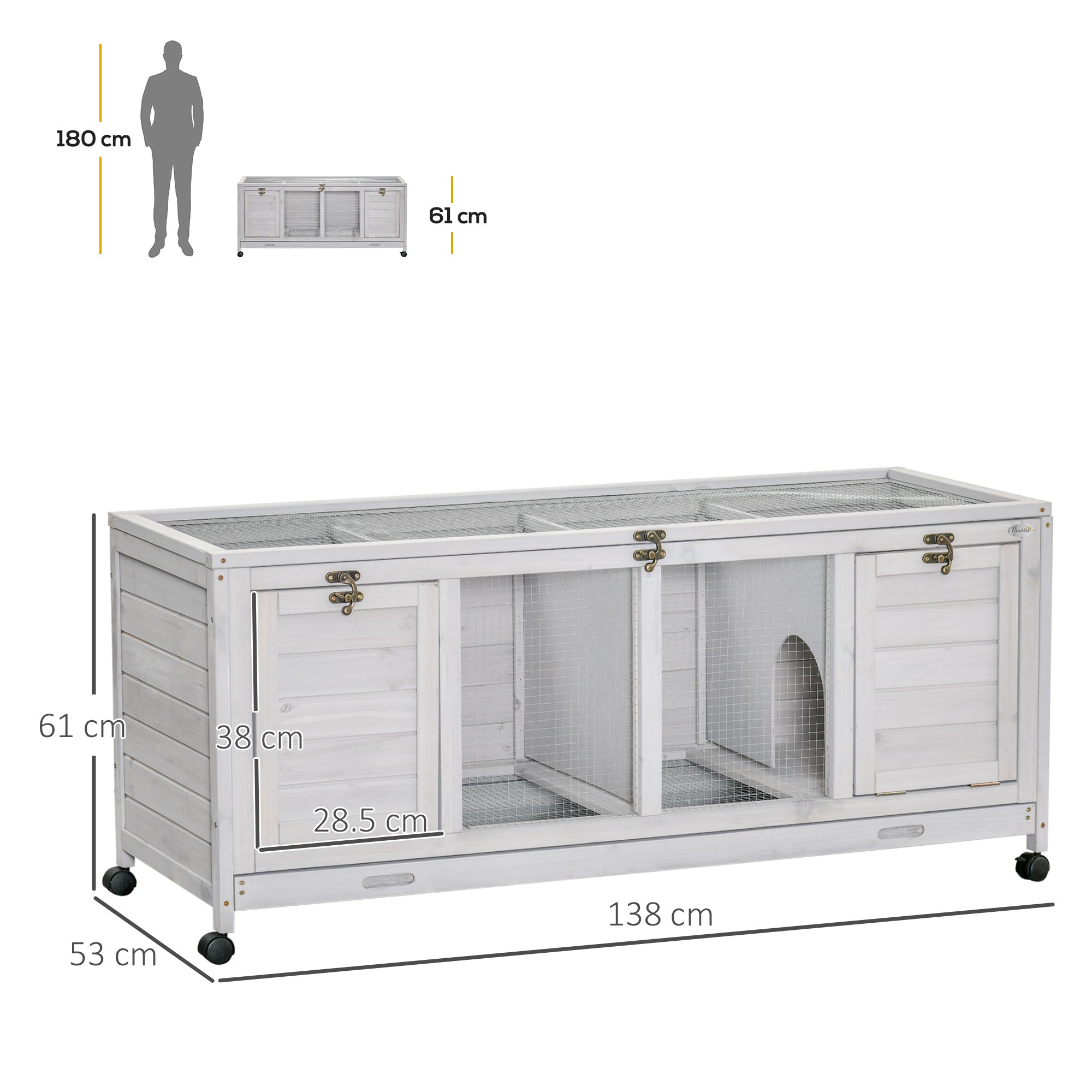 Wooden Rabbit Hutch, Mobile Guinea Pig Cage, Separable Bunny Run, Small Animal House with Wheels, Slide-out Tray, 138 x 53 x 61cm, Light Grey-2