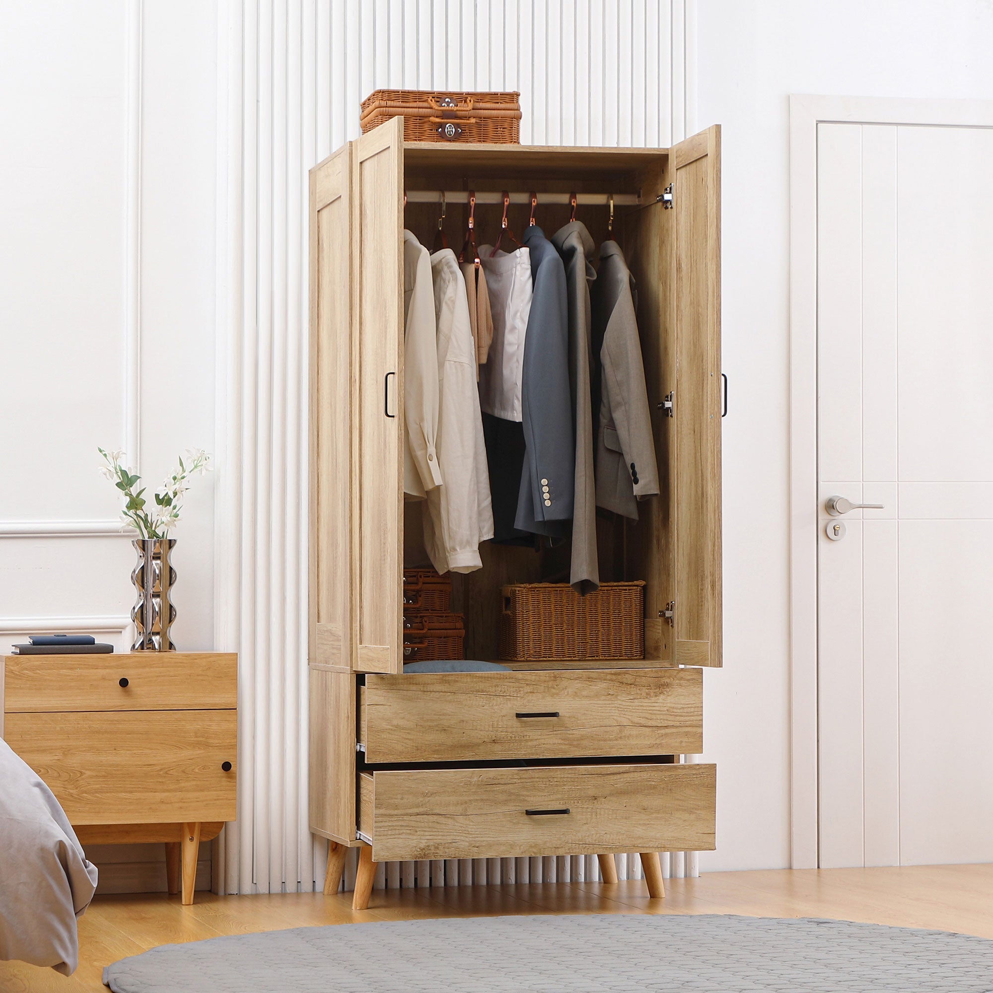 2 Door Wardrobe, Modern Wardrobe with 2 Drawer and Hanging Rail for Bedroom, Natural-1