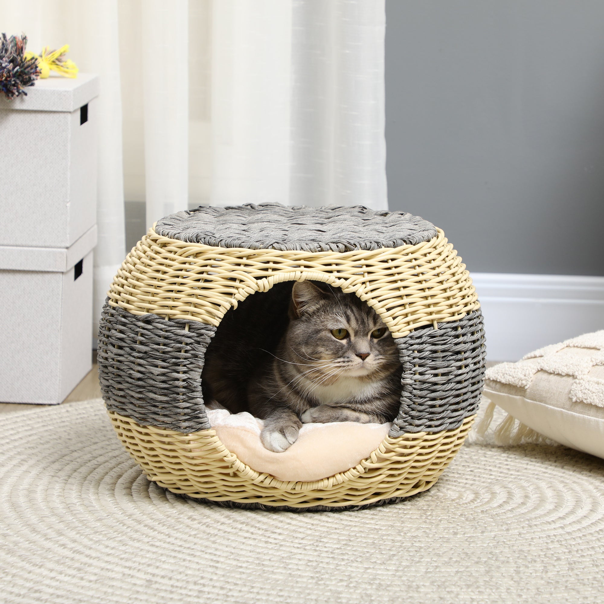 Wicker Cat House, Rattan Raised Cat Bed, Cosy Kitten Cave with Soft Washable Cushion, ?40 x 30cm-1