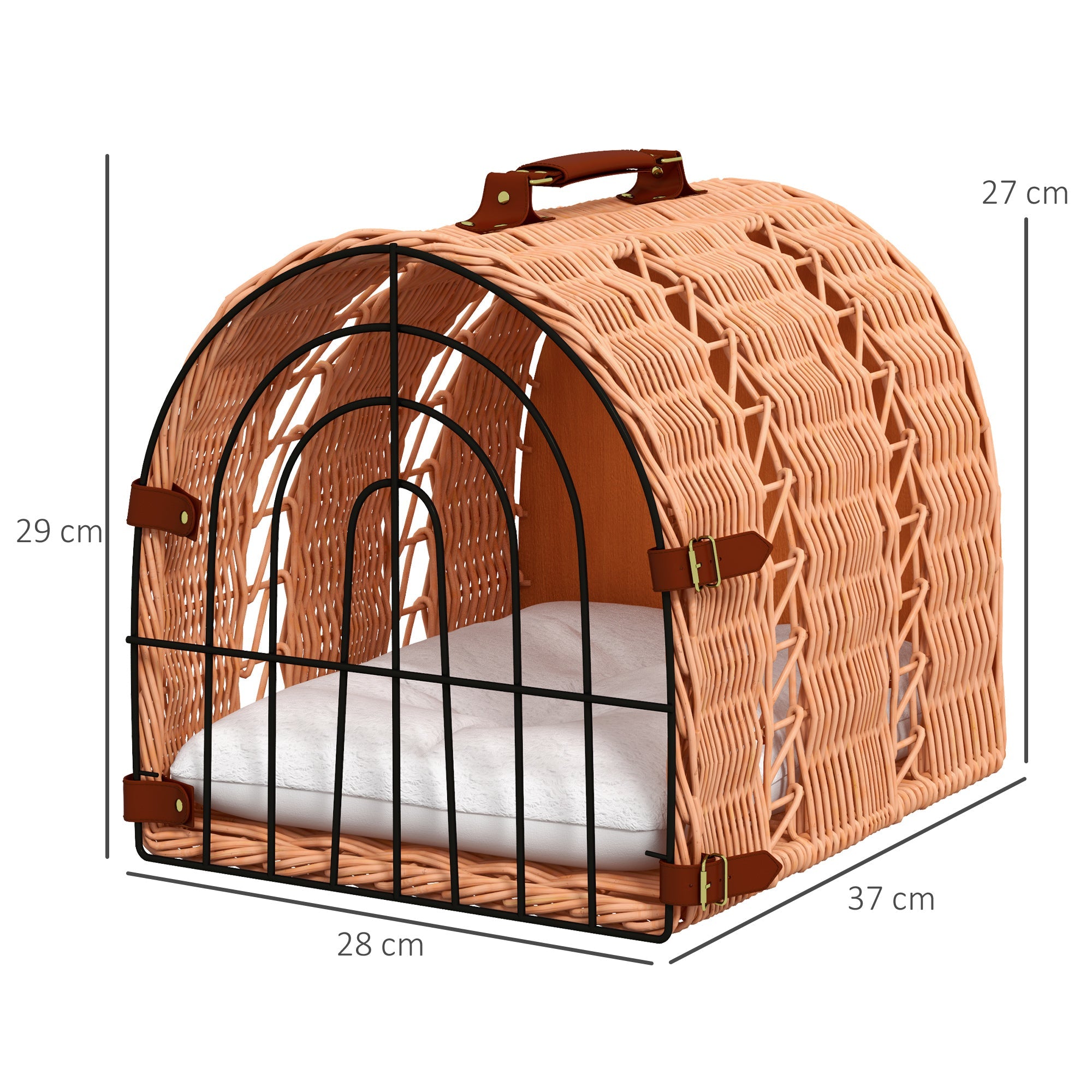 Wicker Cat Carrier Basket Kitten Bed Portable Pet Caves Houses w/ Soft Cushion 37 x 28 x 29 cm Orange-2