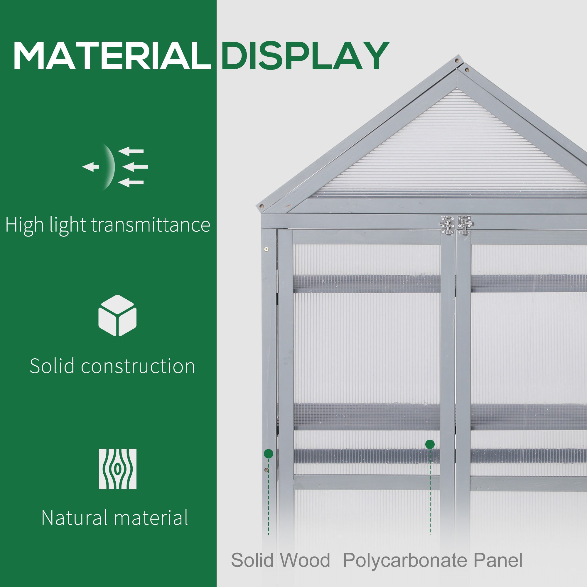 3-Tier Wooden Cold Frame Greenhouse Garden Polycarbonate Grow House w/ Adjustable Shelves, Double Doors, 80 x 47 x 138cm, Grey-3