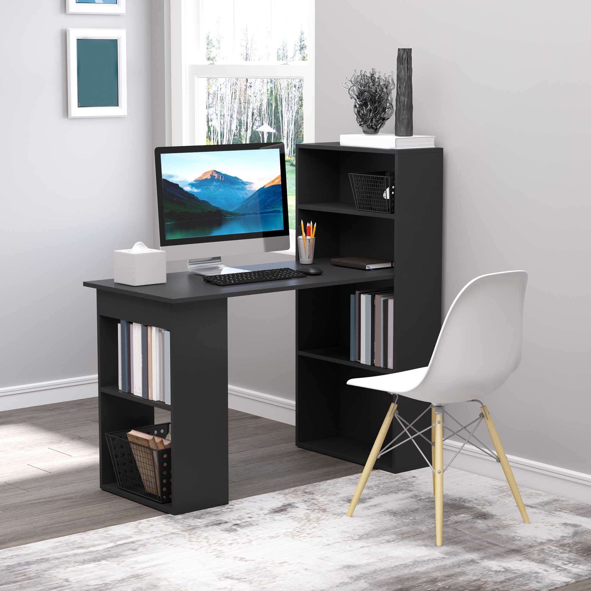 120cm Modern Computer Desk Bookshelf Writing Table Workstation PC Laptop Study Home Office 6 Shelves Black-1