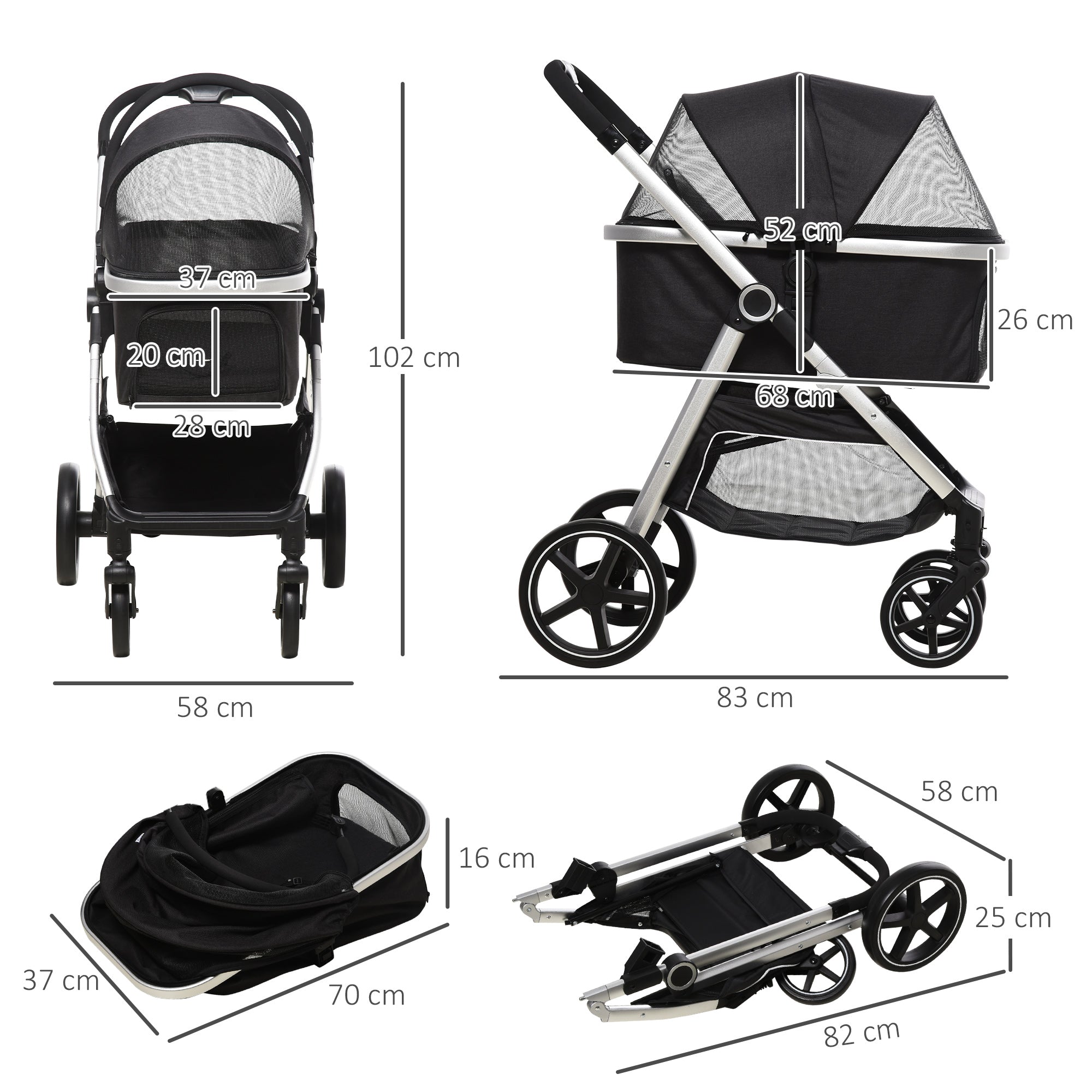 3 in 1 Foldable Dog Pushchair, Detachable Travel Stroller w/ EVA Wheels, Adjustable Canopy, Safety Leash, Cushion, for Small Pets - Black-2