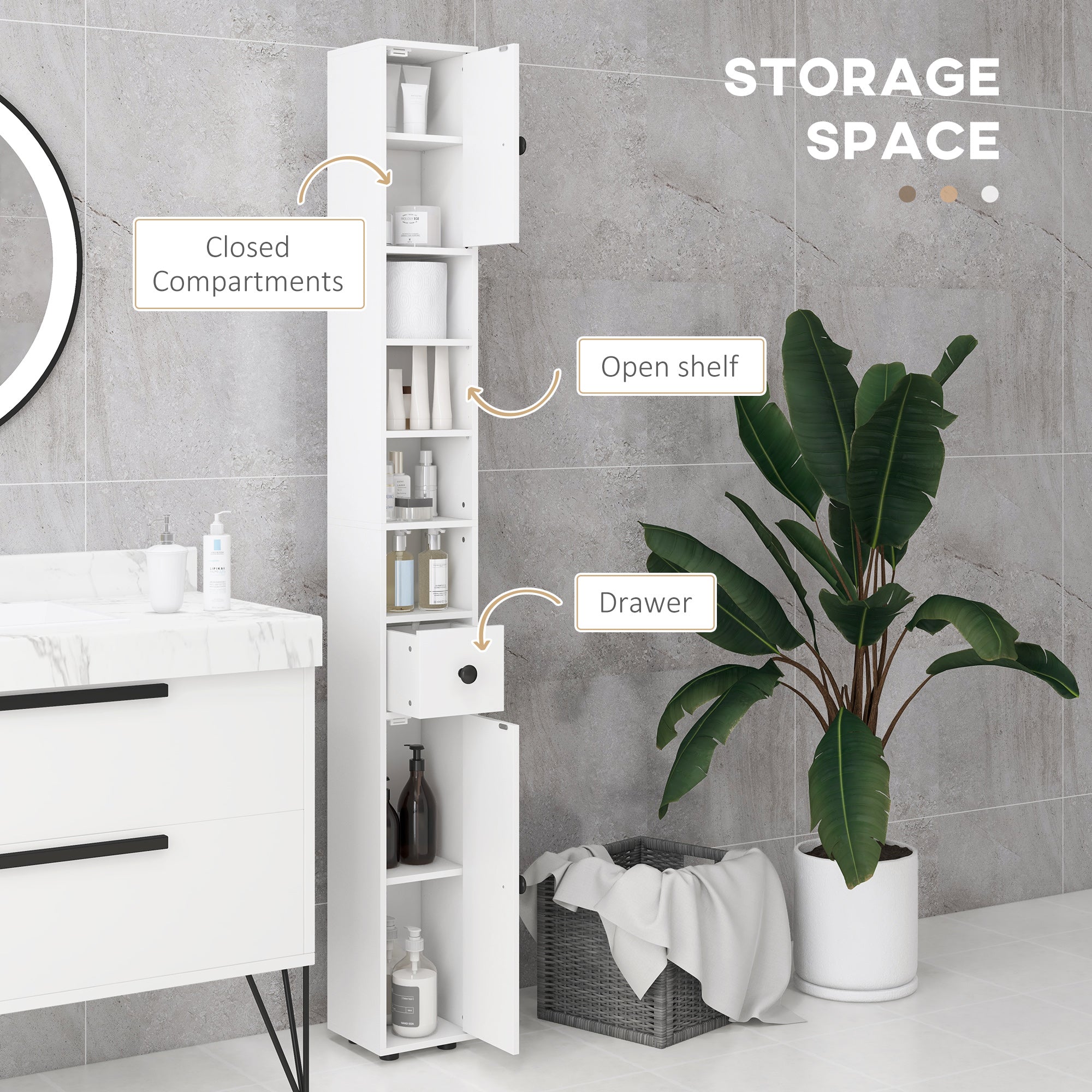 180cm Tall Slim Bathroom Cabinet, Narrow Toilet Roll Storage w/ Open Shelves, 2 Door Cabinets, Adjustable Shelves, for Kitchen, White-3