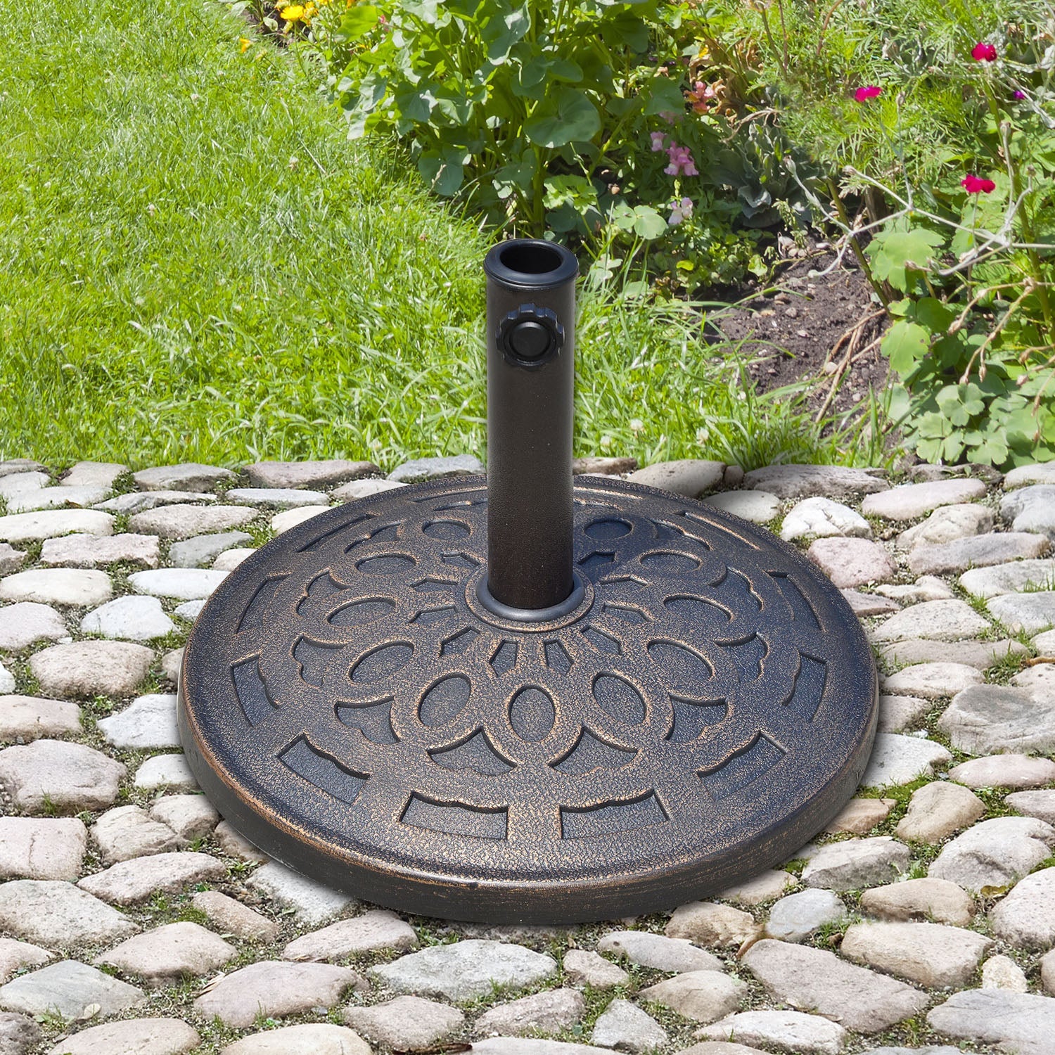 14kg Round Garden Parasol Base Holder Decorative Resin Market Umbrella Stand with Adjustable Coupler, Bronze-1