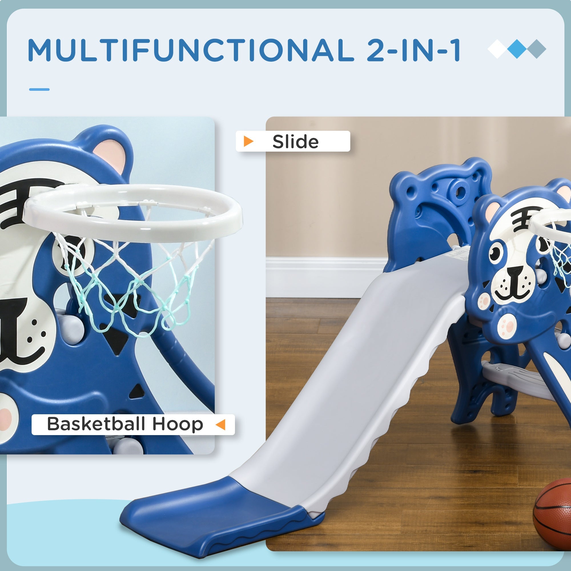 2 in 1 Baby Slide for Indoor Use with Basketball Hoop, Basketball, for Ages 18-36 Months - Blue-3