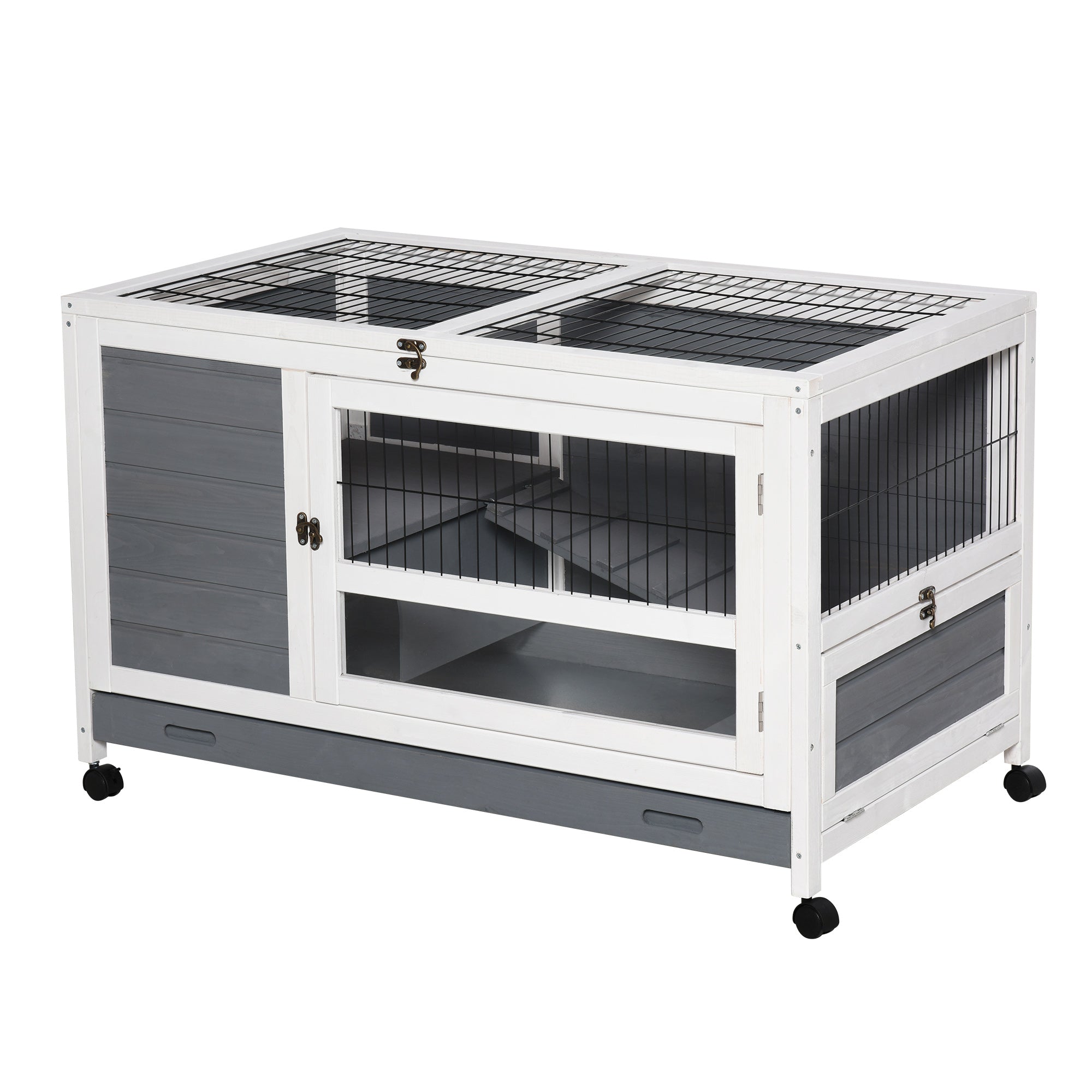 Wooden Rabbit Hutch Elevated Pet Bunny House Rabbit Cage with Slide-Out Tray Indoor Grey-0