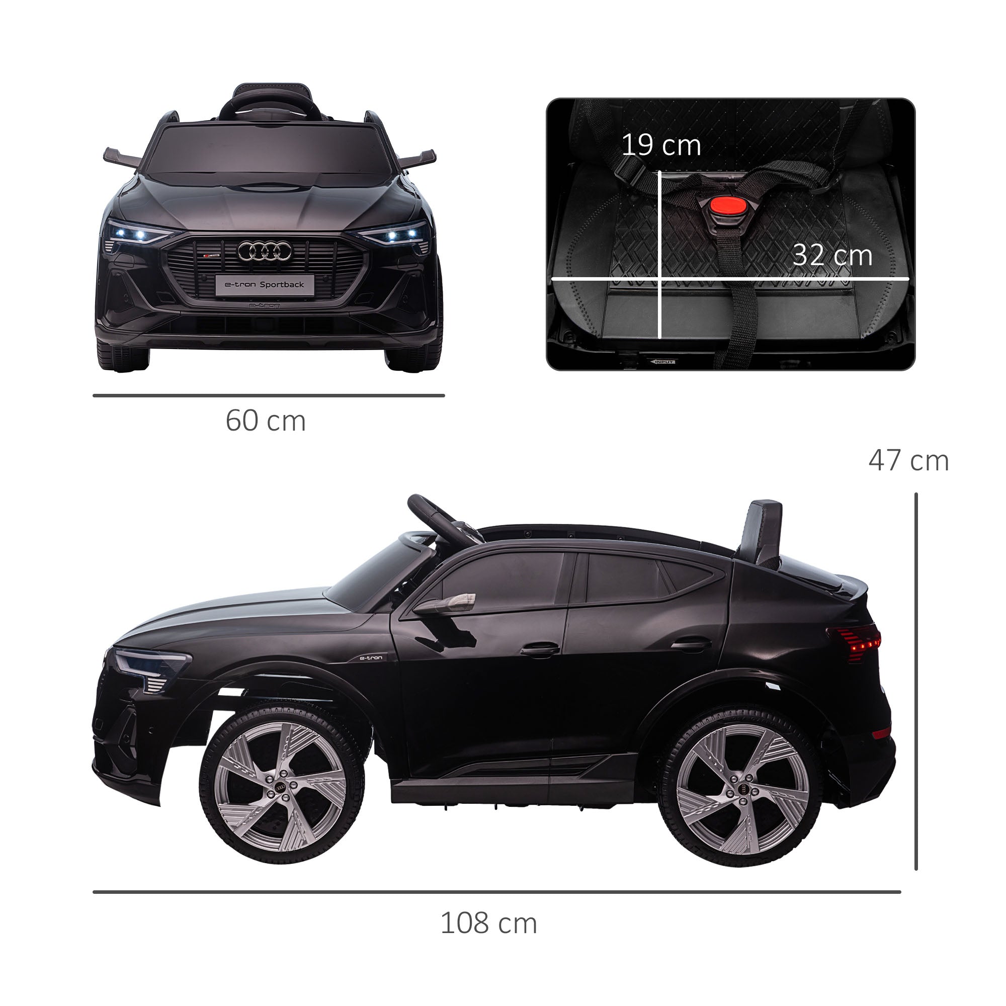 12V Audi E-tron Licensed Ride On Car, Two Motors Battery Powered Toy with Remote Control, Lights, Music, Horn, Black-2