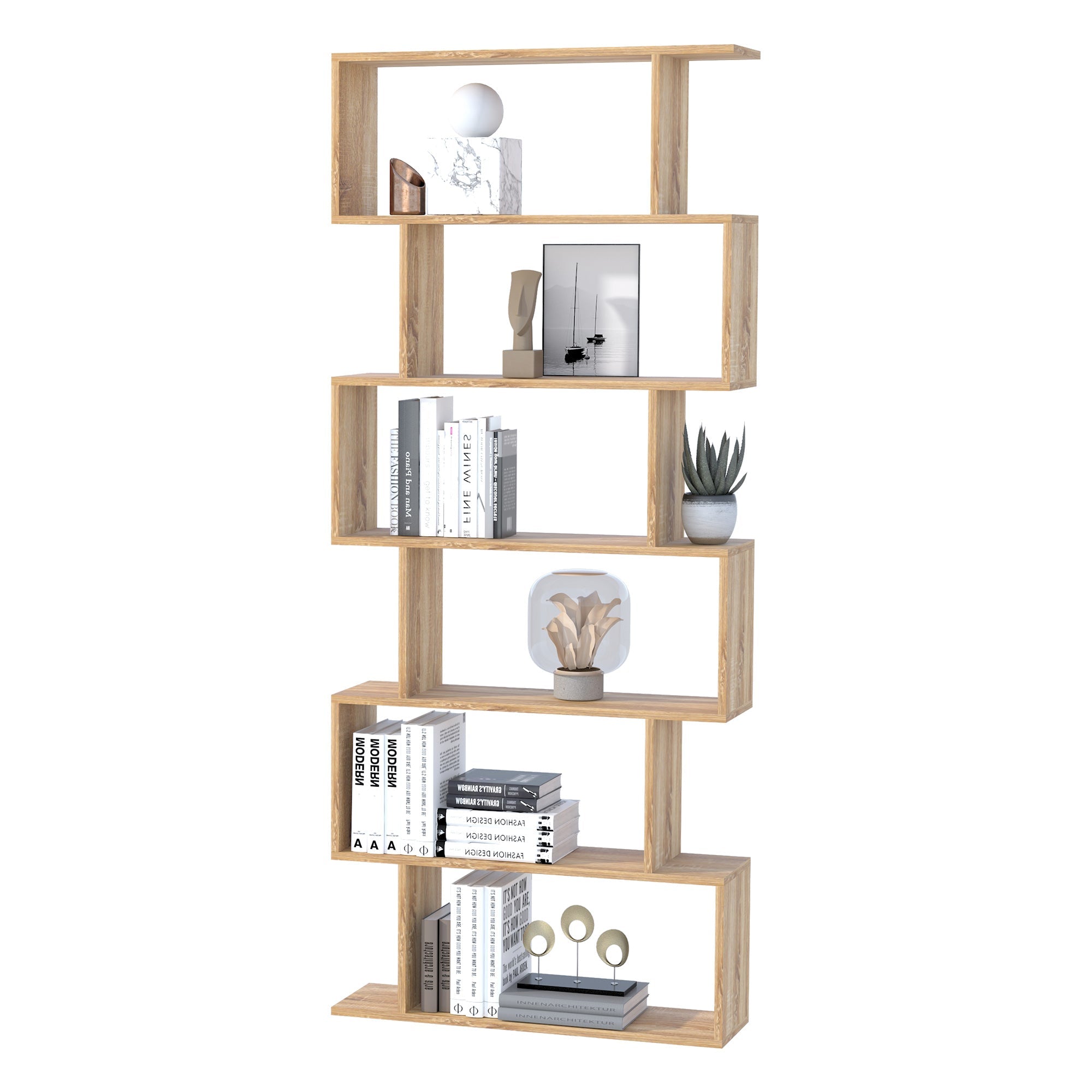 Wooden Wood S Shape Storage Display 6 Shelves Room Divider Unit Chest Bookshelf Bookcase Cupboard Cabinet Home Office Furniture (Oak)-0