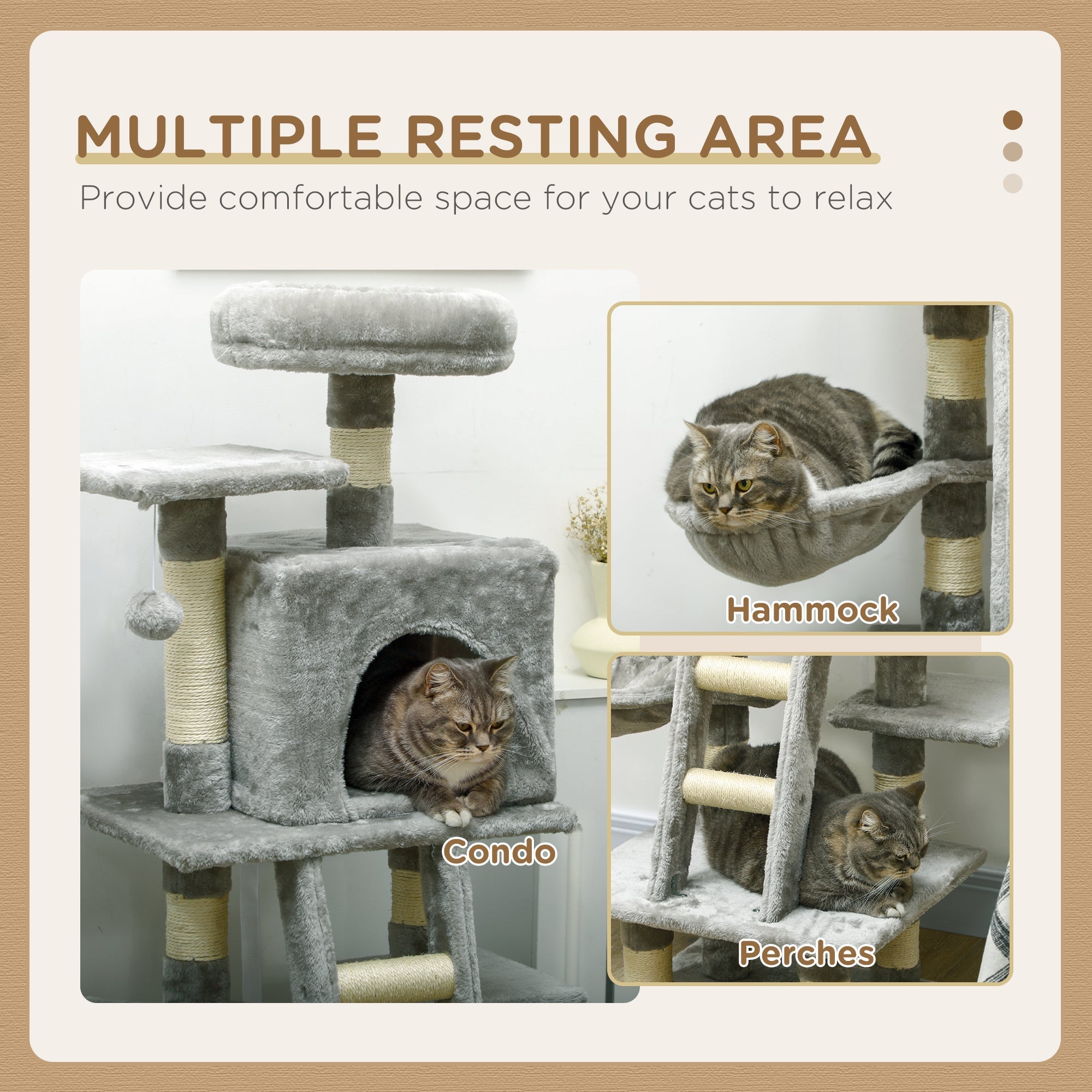 132cm Cat Tree with Scratching Post, House, Hammock, Grey-3