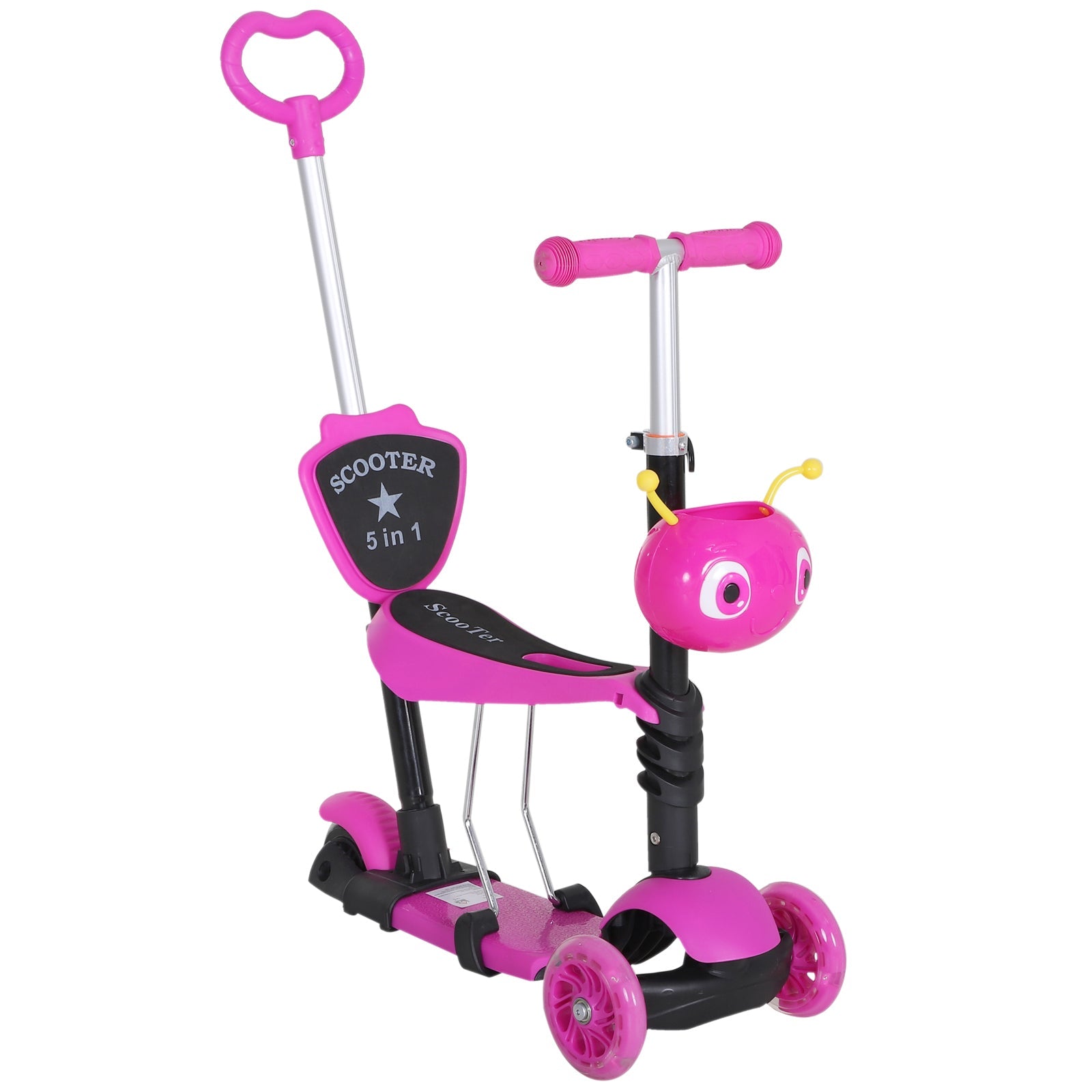 5-in-1 Kids Toddler 3 Wheels Mini Kick Scooter Push Walker with Removable Seat & Back Rest for Girls and Boys Pink-0