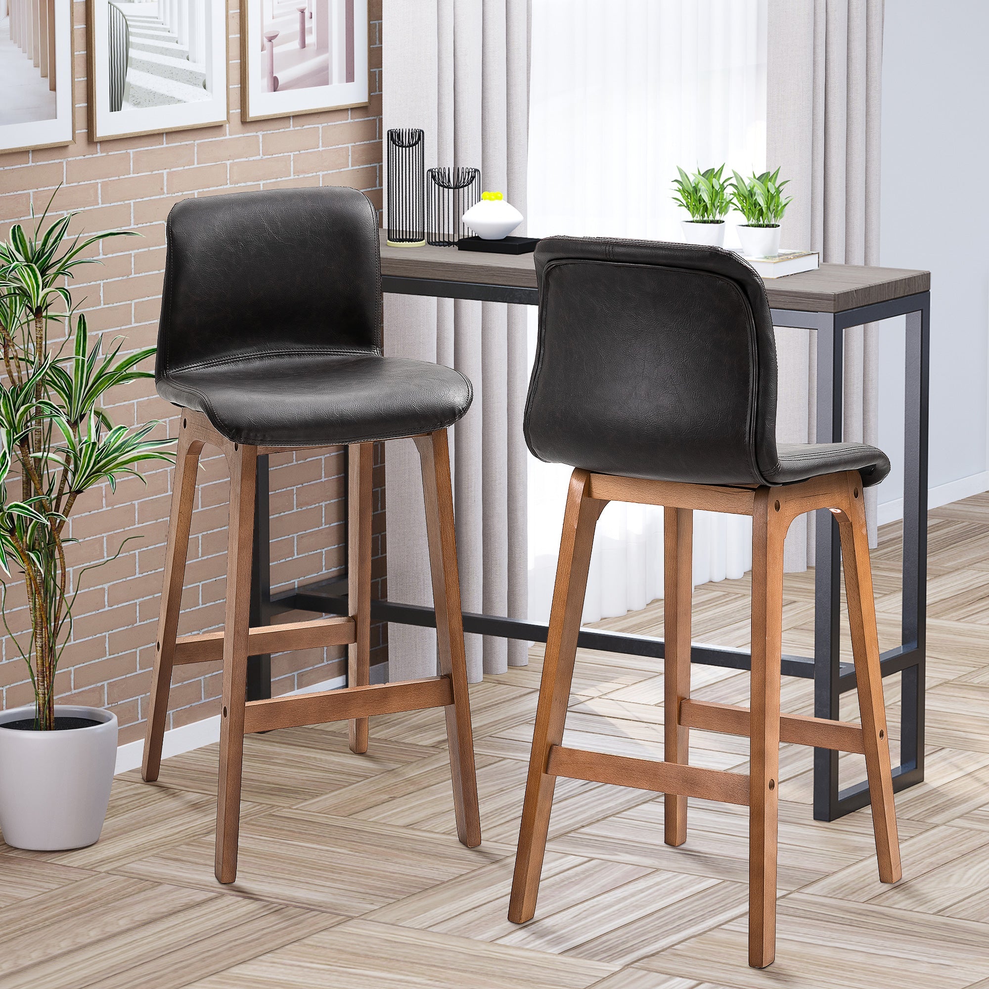 Modern Bar Stools Set of 2, PU Leather Upholstered Bar Chairs with Wooden Frame, Footrest for Home Bar, Dining Room-1