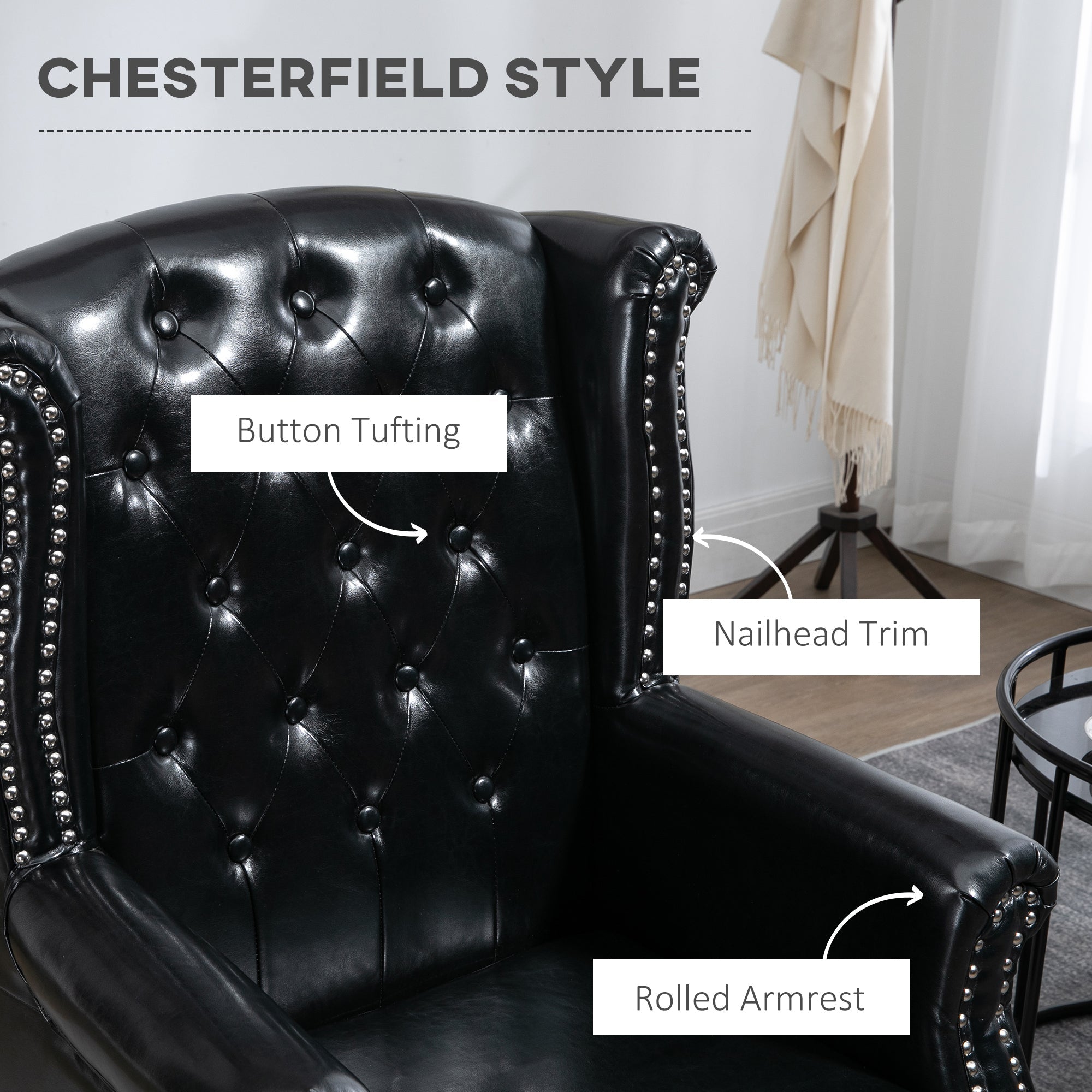 Wingback Accent Chair Tufted Chesterfield-style Armchair with Nail Head Trim for Living Room Bedroom Black-4