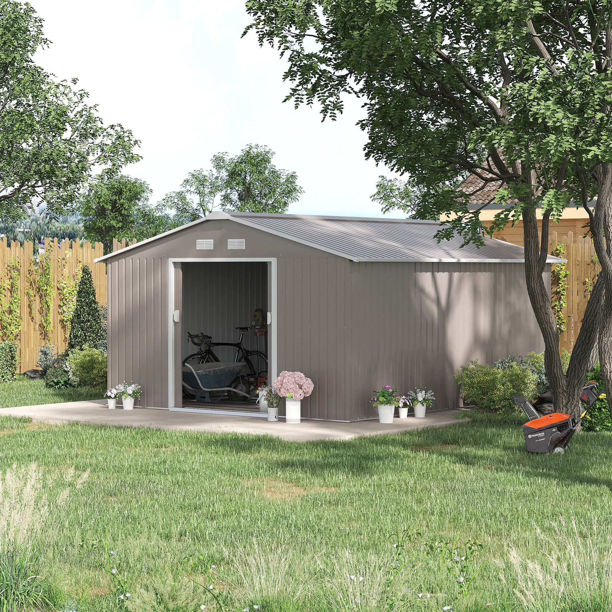 13 x 11ft Garden Metal Storage Shed Outdoor Storage Shed with Foundation Ventilation & Doors, Light Grey-1