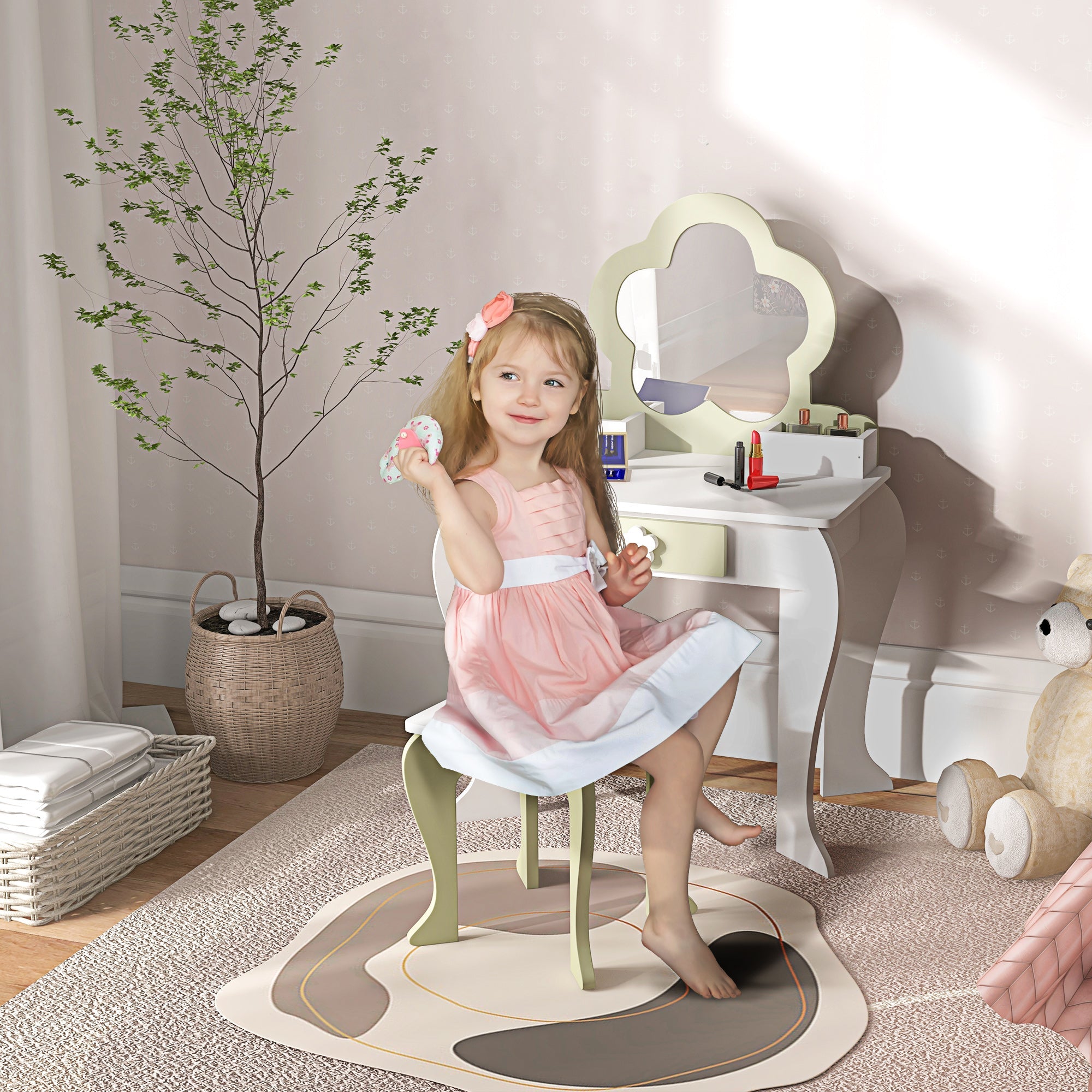 Kids Vanity Table with Mirror and Stool, Drawer, Storage Boxes, Beauty Flower Design, for 3-6 Years Old, White-1