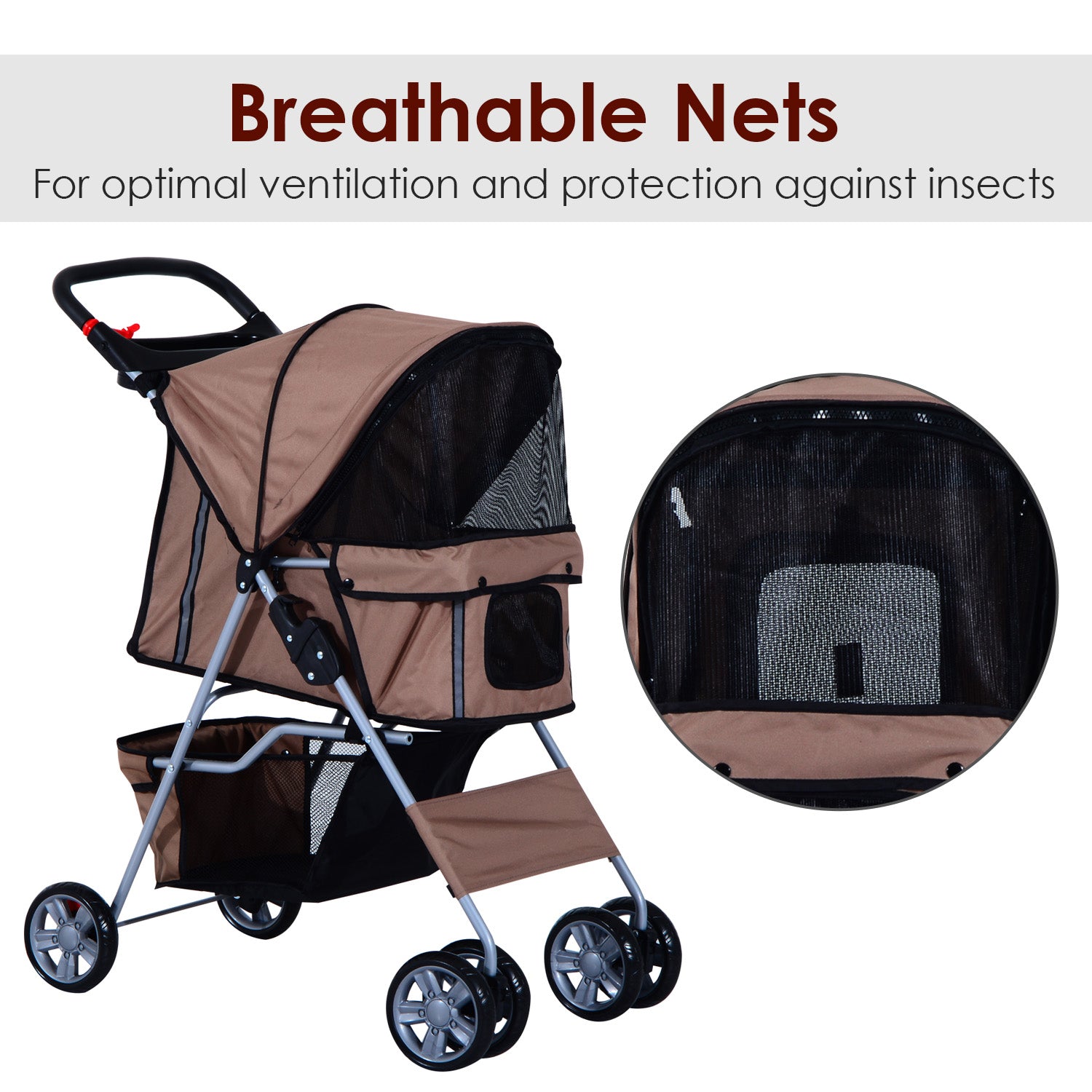 Dog Pram Pet Stroller Foldable Dog Pushchair with Wheels Zipper Entry Cup Holder Storage Basket Brown-3