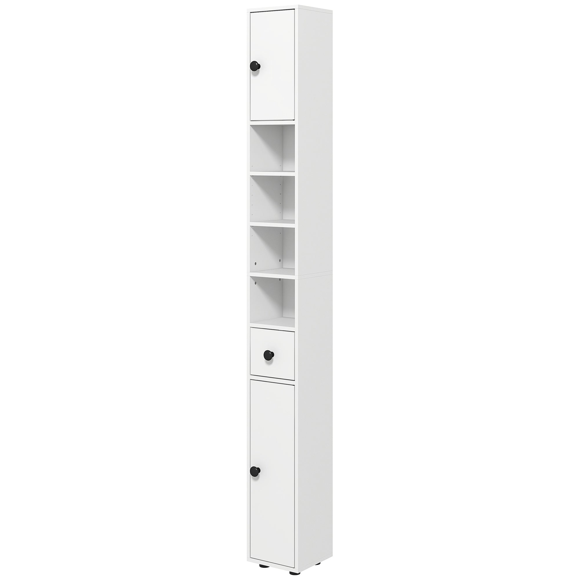 180cm Tall Slim Bathroom Cabinet, Narrow Toilet Roll Storage w/ Open Shelves, 2 Door Cabinets, Adjustable Shelves, for Kitchen, White-0