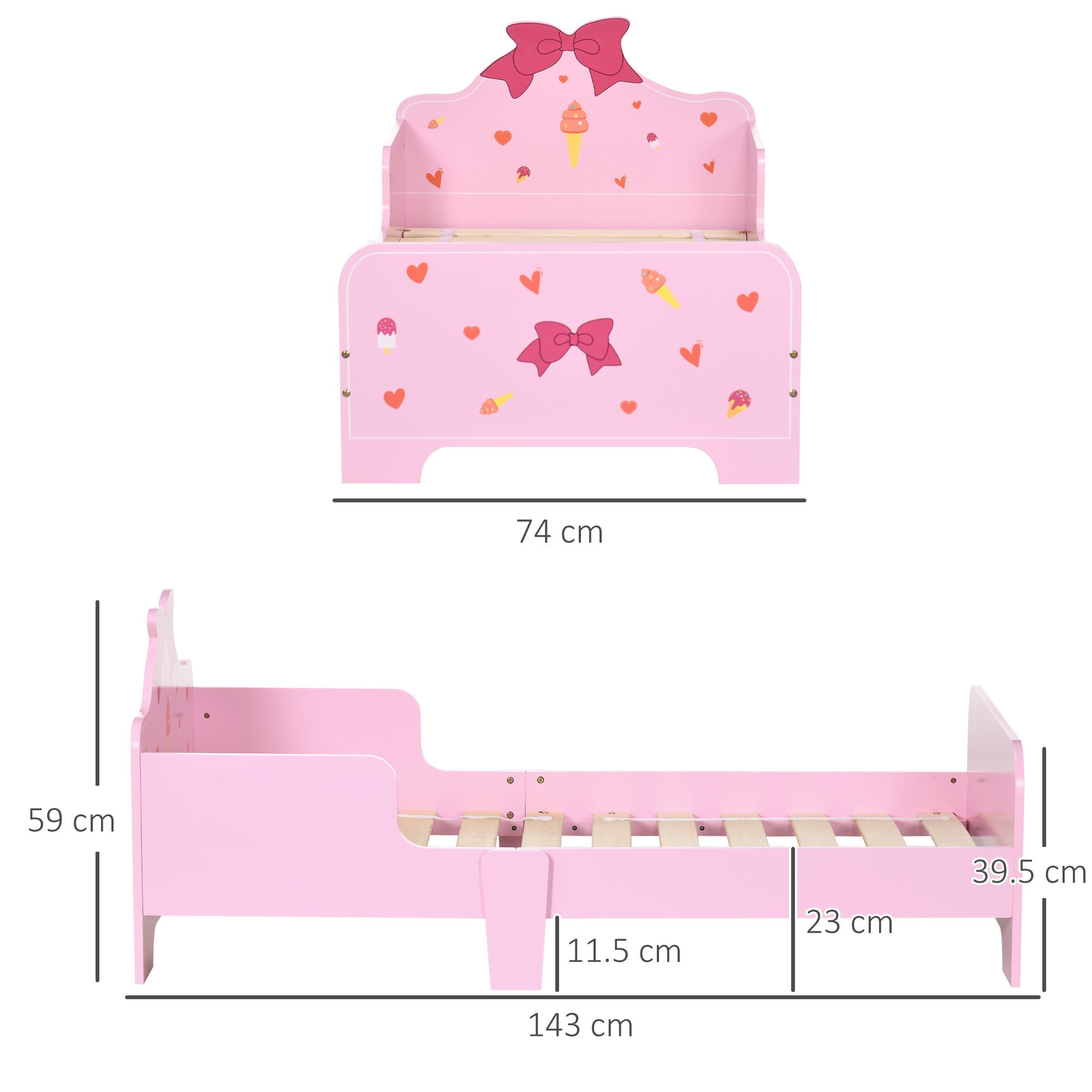 Princess-themed Kids Toddler Bed with Cute Patterns, Safety Side Rails Slats, Kids Bedroom Furniture for 3-6 Years, Pink, 143 x 74 x 59 cm-2