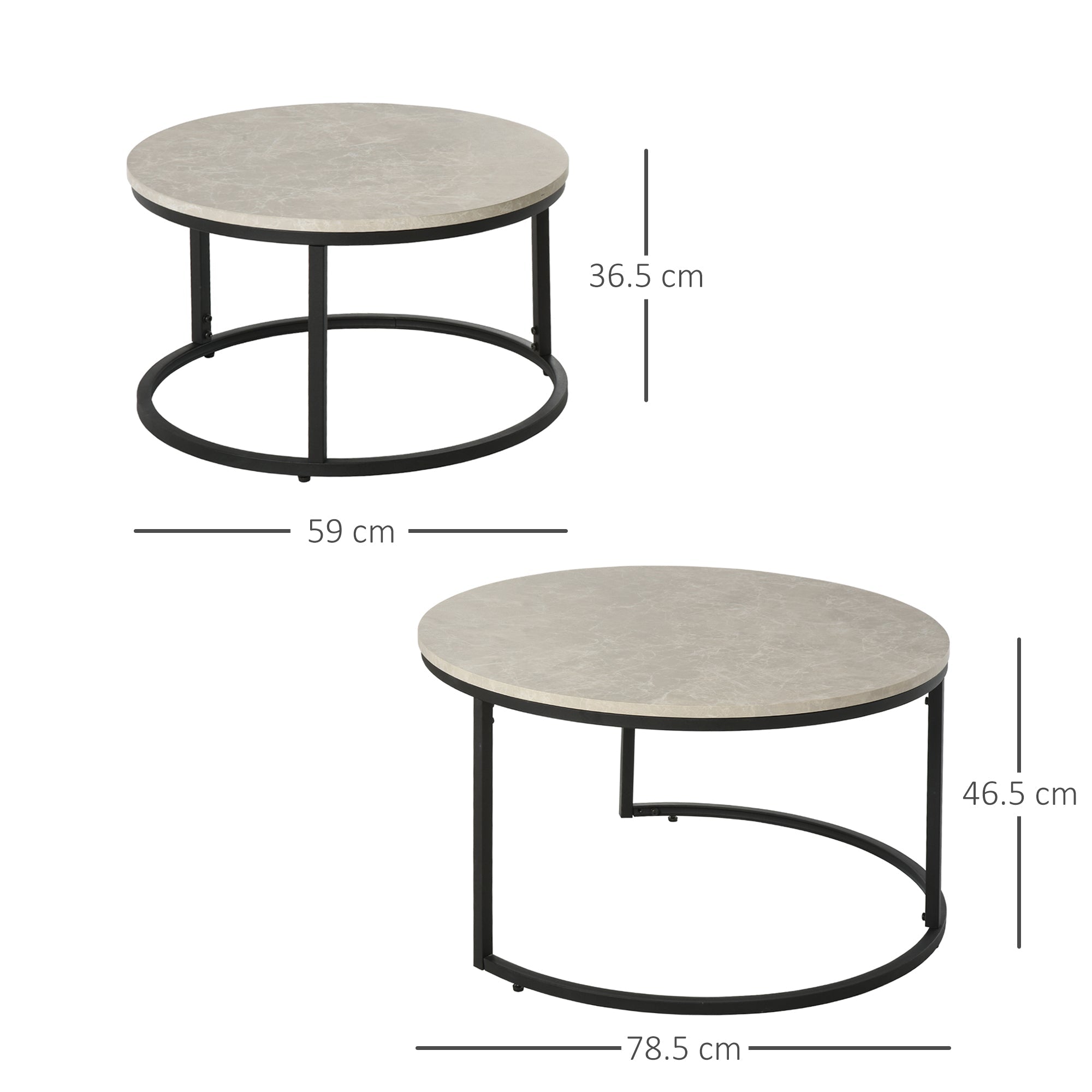 2 Pcs Stacking Coffee Table Set w/ Steel Frame Marble-Effect Top Foot Pads Nest of Tables Storage Display Black/Grey-2