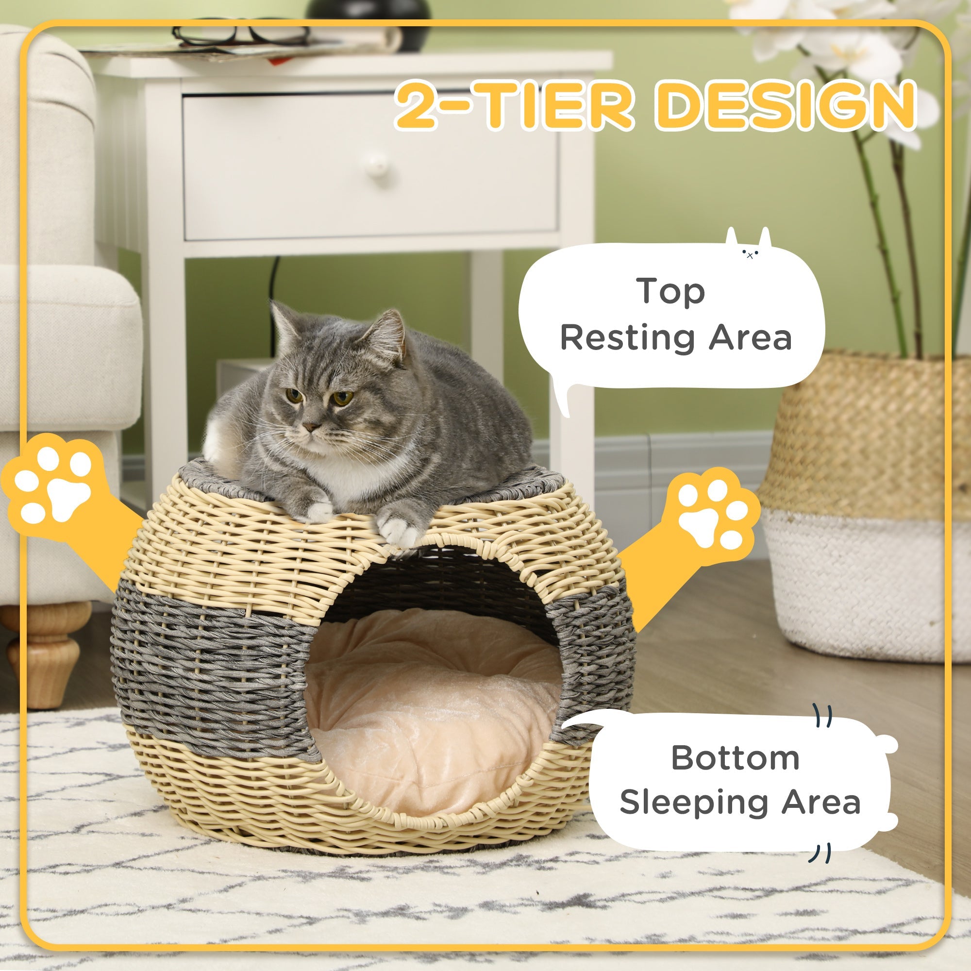 Wicker Cat House, Rattan Raised Cat Bed, Cosy Kitten Cave with Soft Washable Cushion, ?40 x 30cm-4