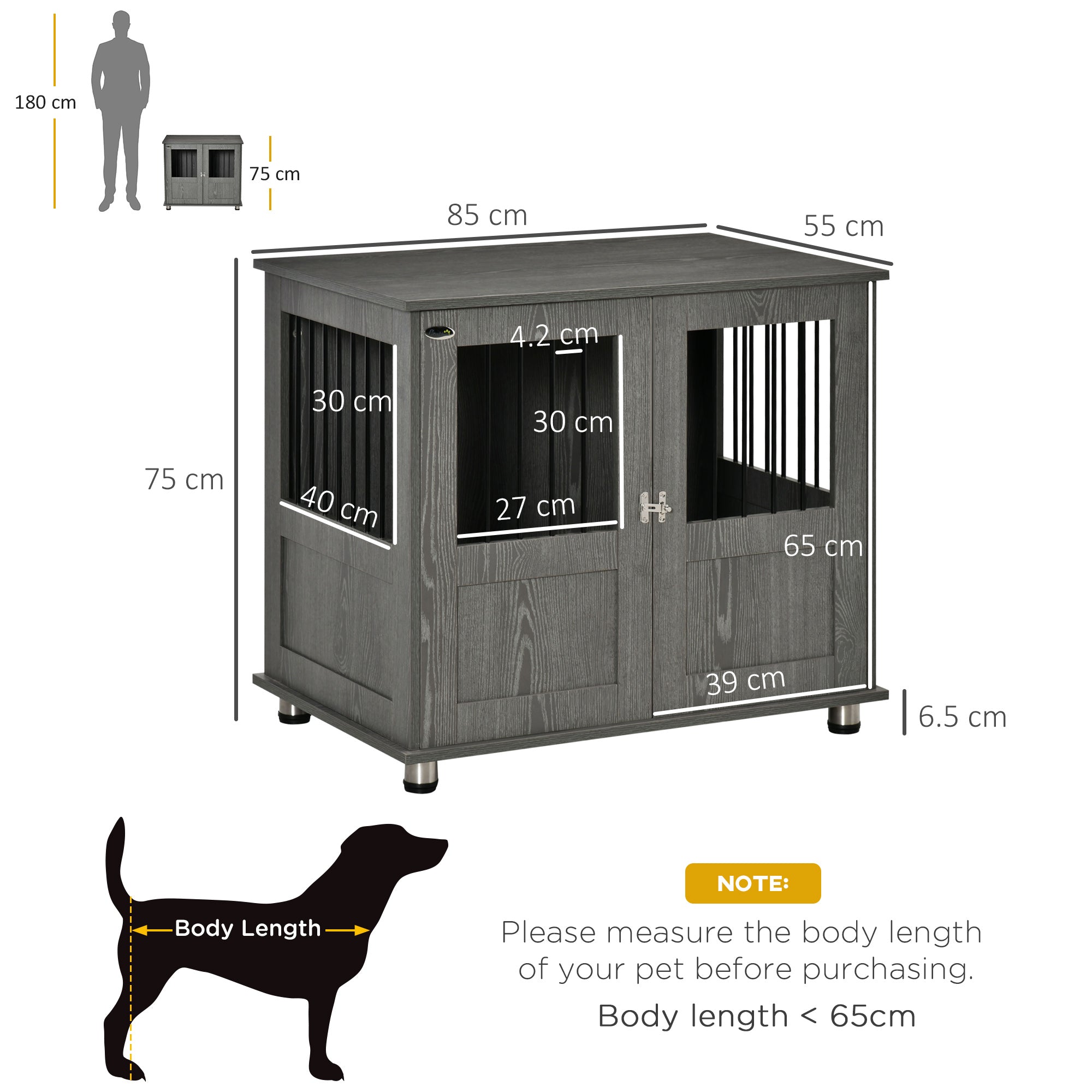 Dog Crate Furniture End Table, Pet Kennel for Small and Medium Dogs with Magnetic Door Indoor Animal Cage, Grey, 85 x 55 x 75 cm-2