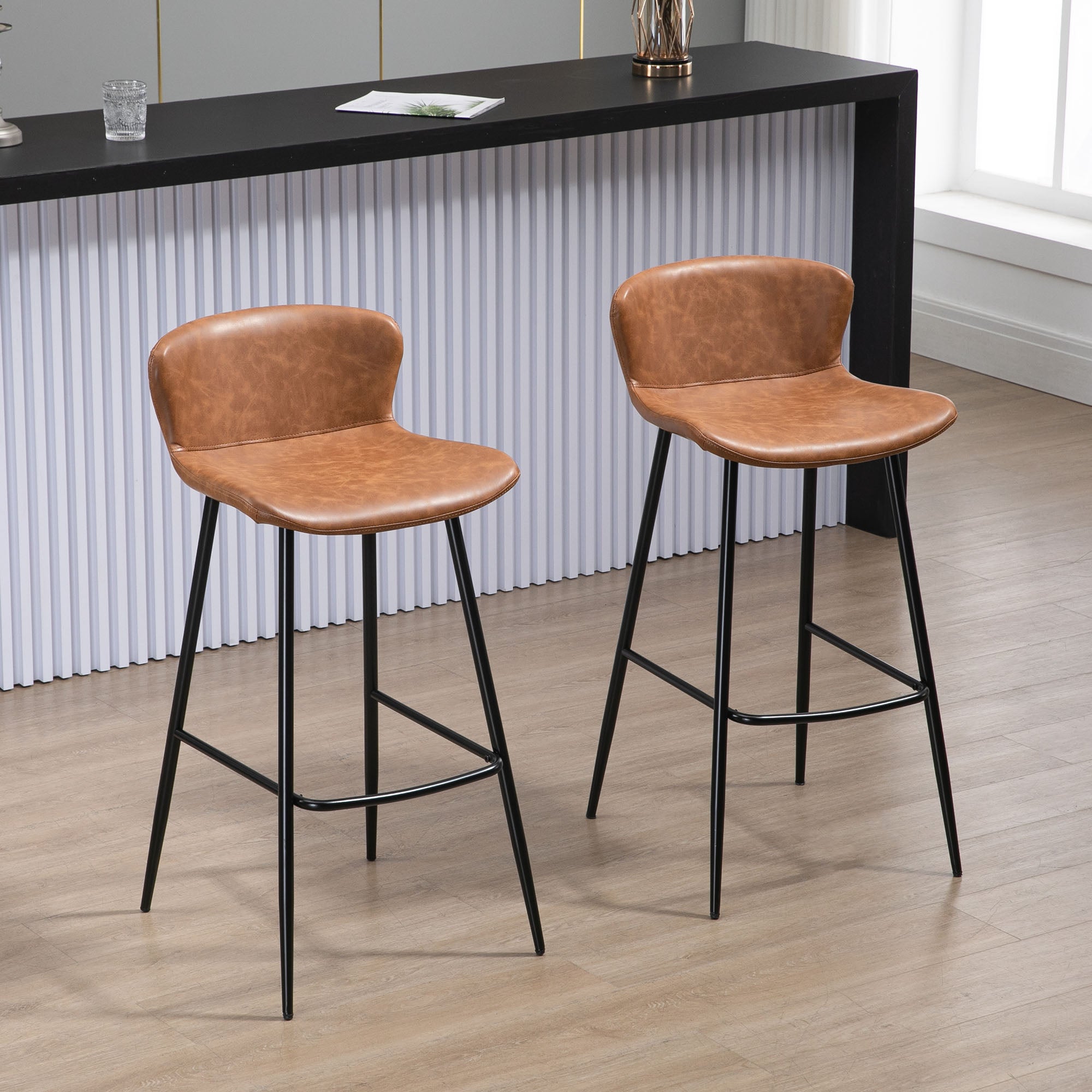 Bar Stools Set of 2, PU Leather Upholstered Bar Chairs, Kitchen Stools with Backs and Steel Legs for Dining Room, Brown-1