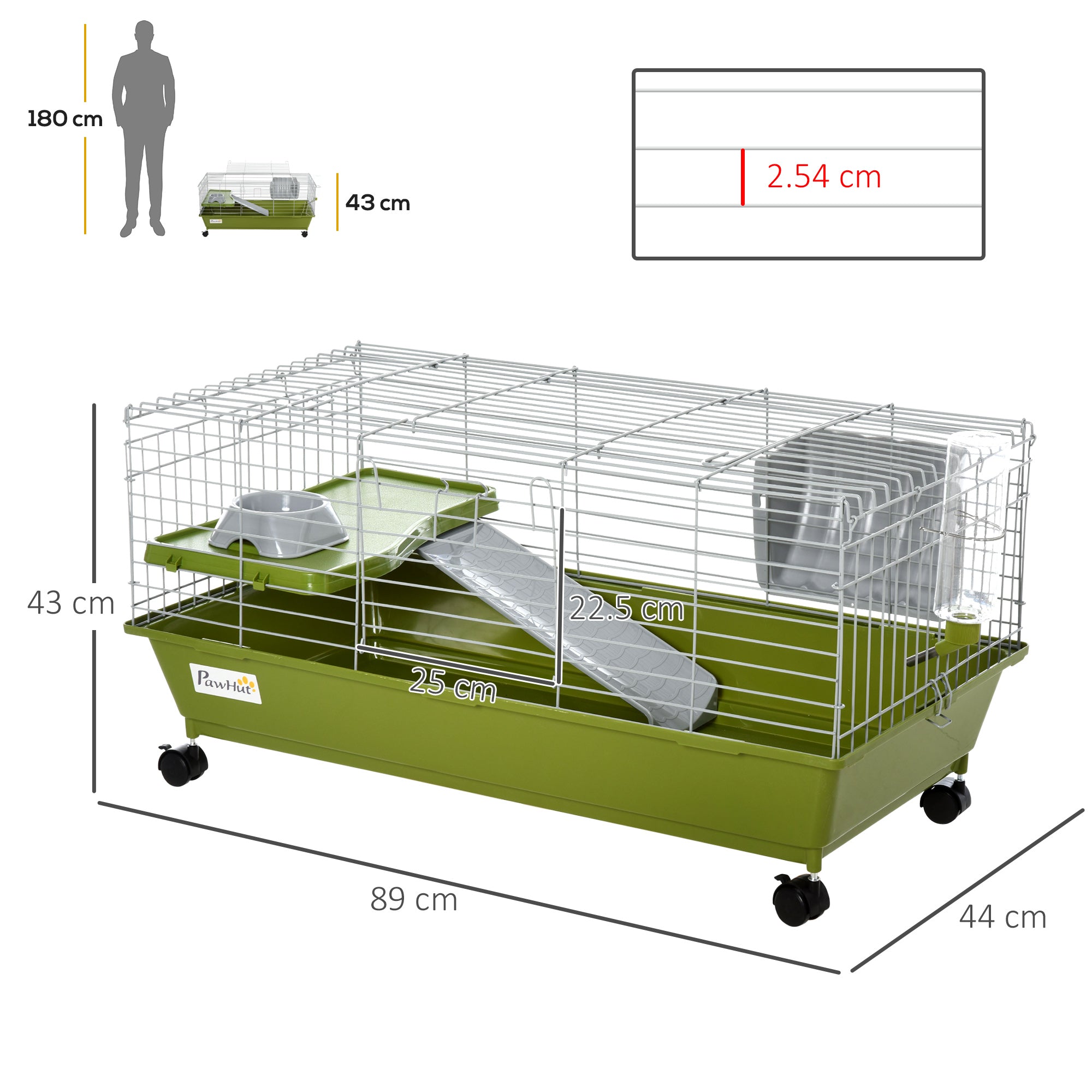 35" Small Animal Cage Chinchilla Guinea Pig Hutch Ferret Pet House with Platform Ramp, Food Dish, Wheels, & Water Bottle-2