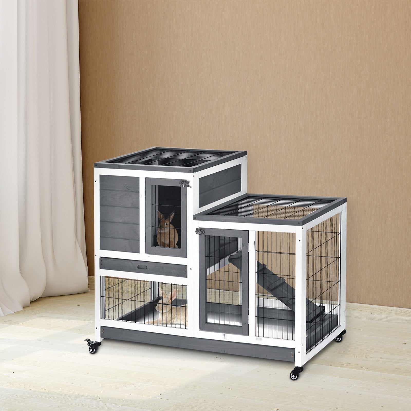 Wooden Indoor Guinea Pigs Hutches Elevated Cage Habitat with Enclosed Run with Wheels, Ideal for Rabbits and Guinea Pigs, Grey and White-1