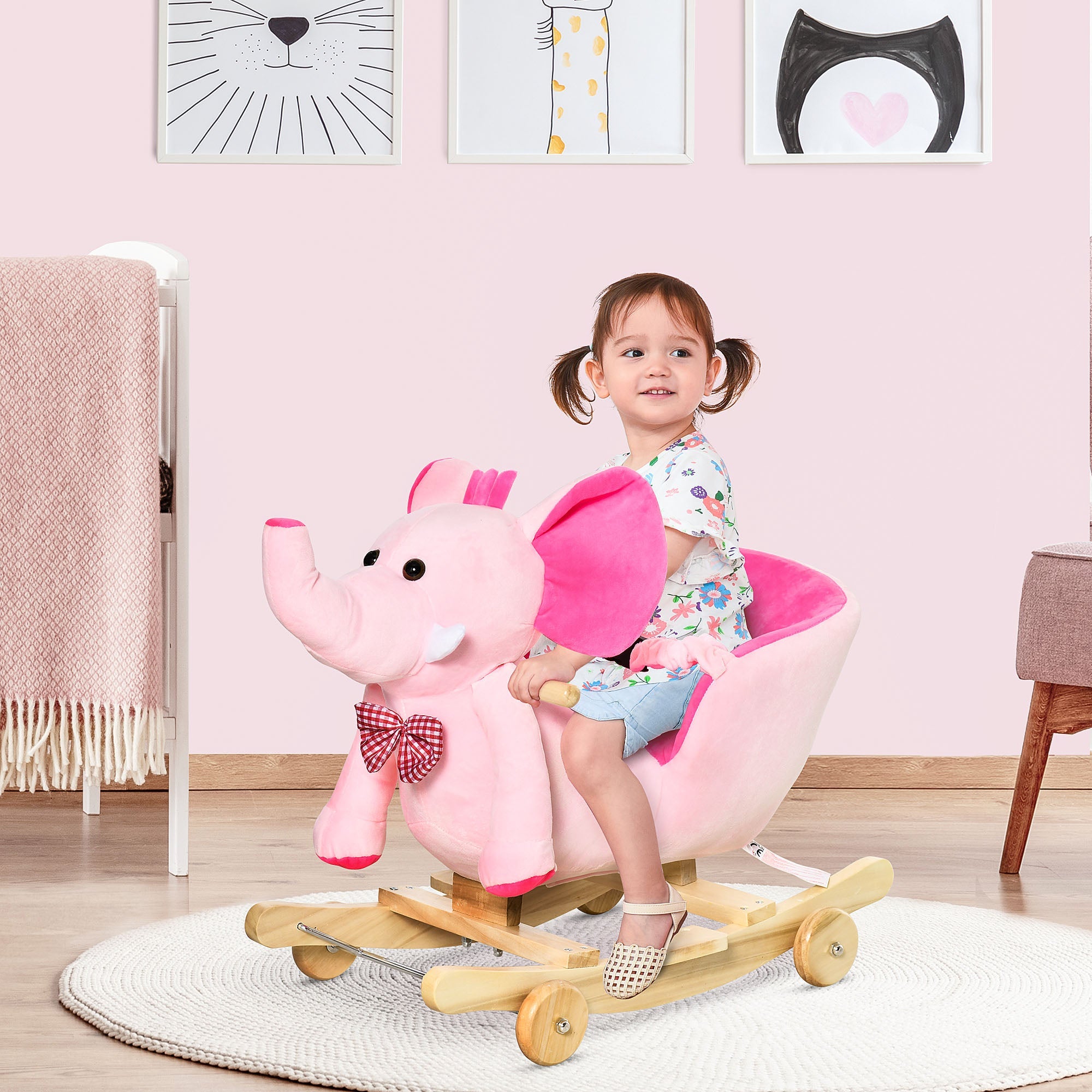 2 In 1 Plush Baby Ride on Rocking Horse Elephant Rocker with Wheels Wooden Toy for Kids 32 Songs (Pink)-1