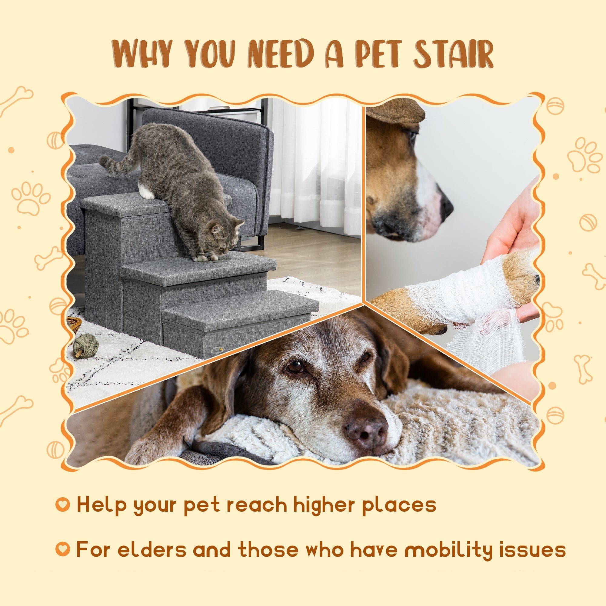 Cat Stairs with Storage Boxes, 3 Steps Dog Stairs for Bed, Pet Ladder for Couch Sofa, Easy Installation, 63.5 x 42.5 x 40.5 cm, Light Grey-3