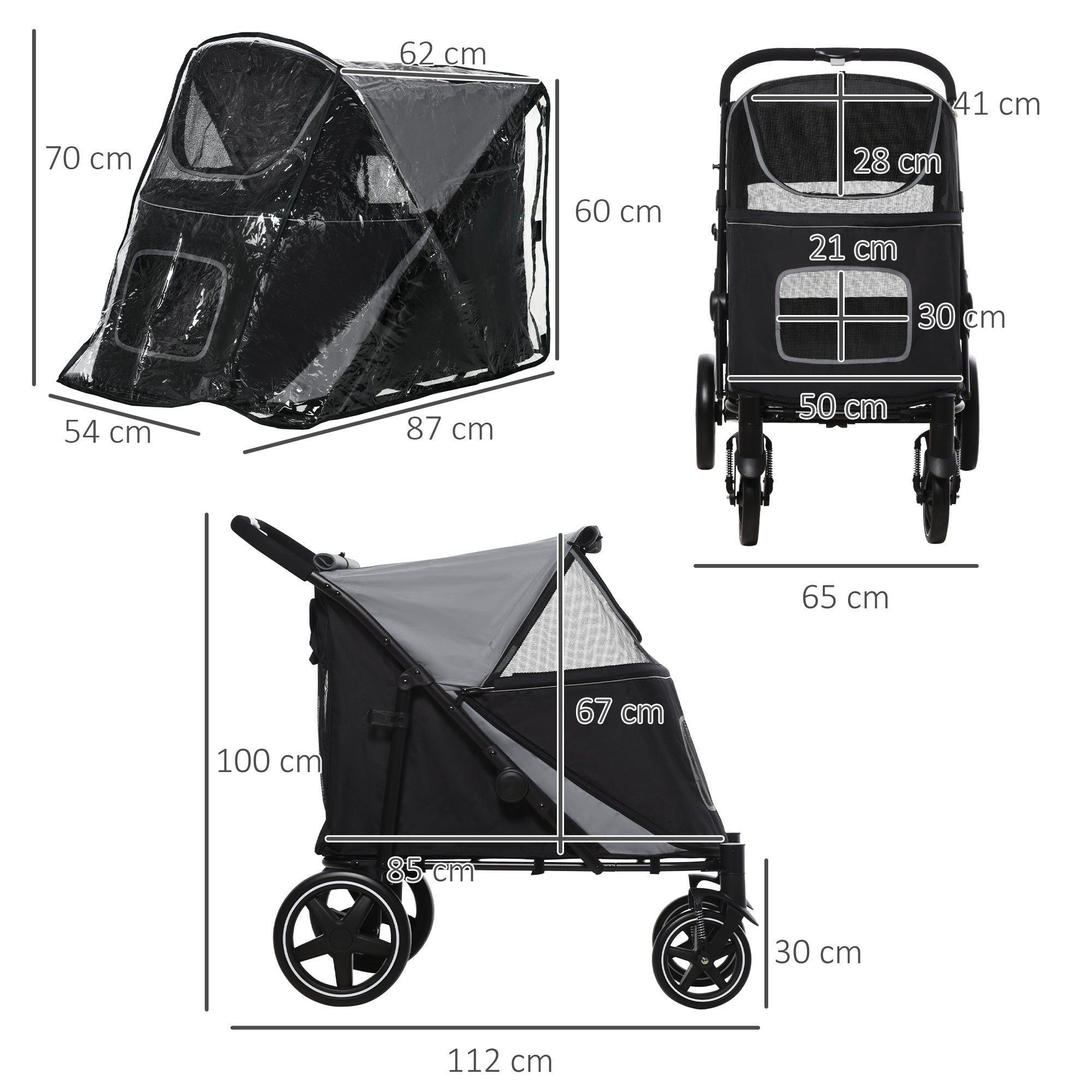 4 Wheel Pet Stroller with Rain Cover for Medium and Large Dogs - Black-2