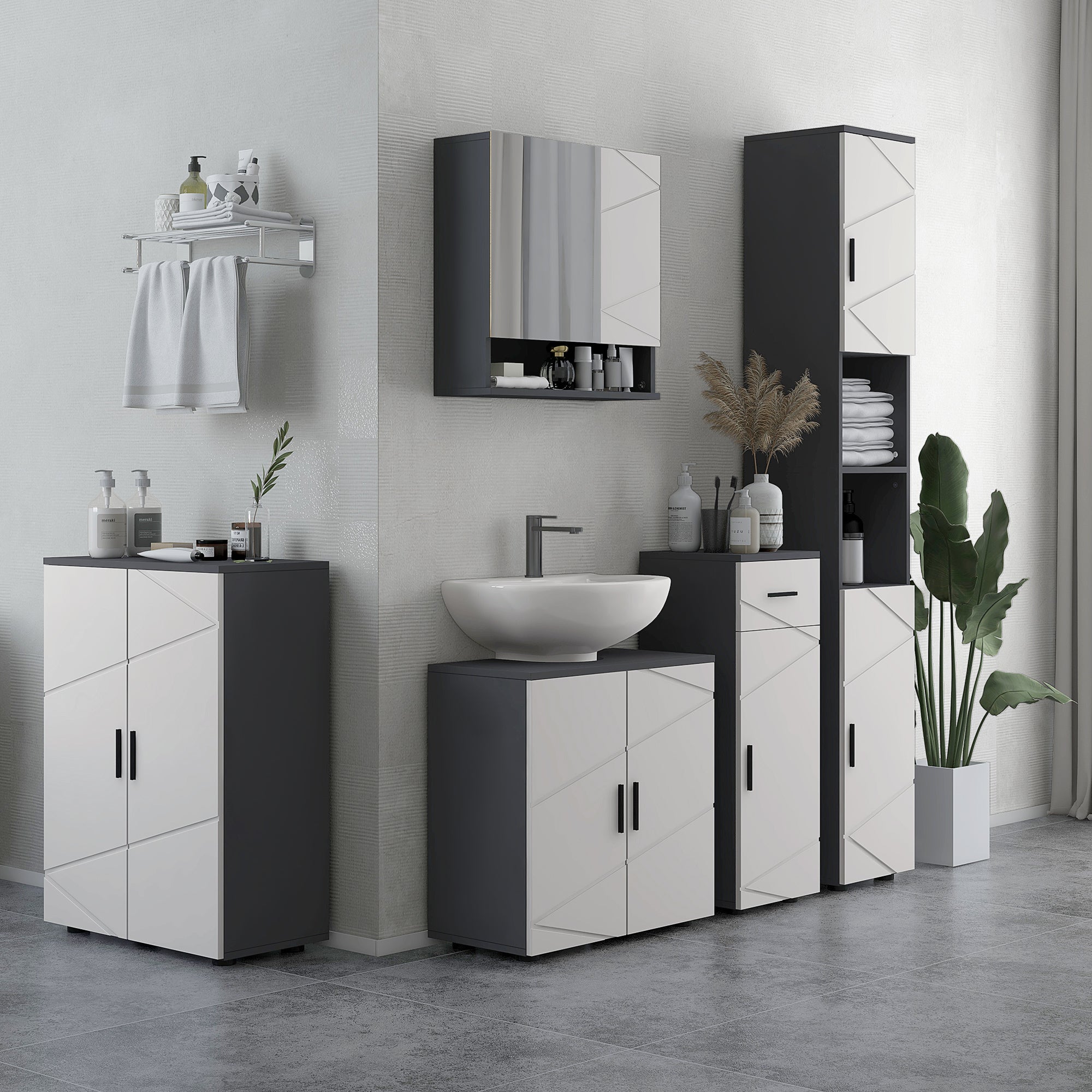 183cm Tall Bathroom Cabinet, Narrow Bathroom Storage Cabinet w/ Open Shelves, 2 Doors Cabinets, Adjustable Shelves, Grey-1