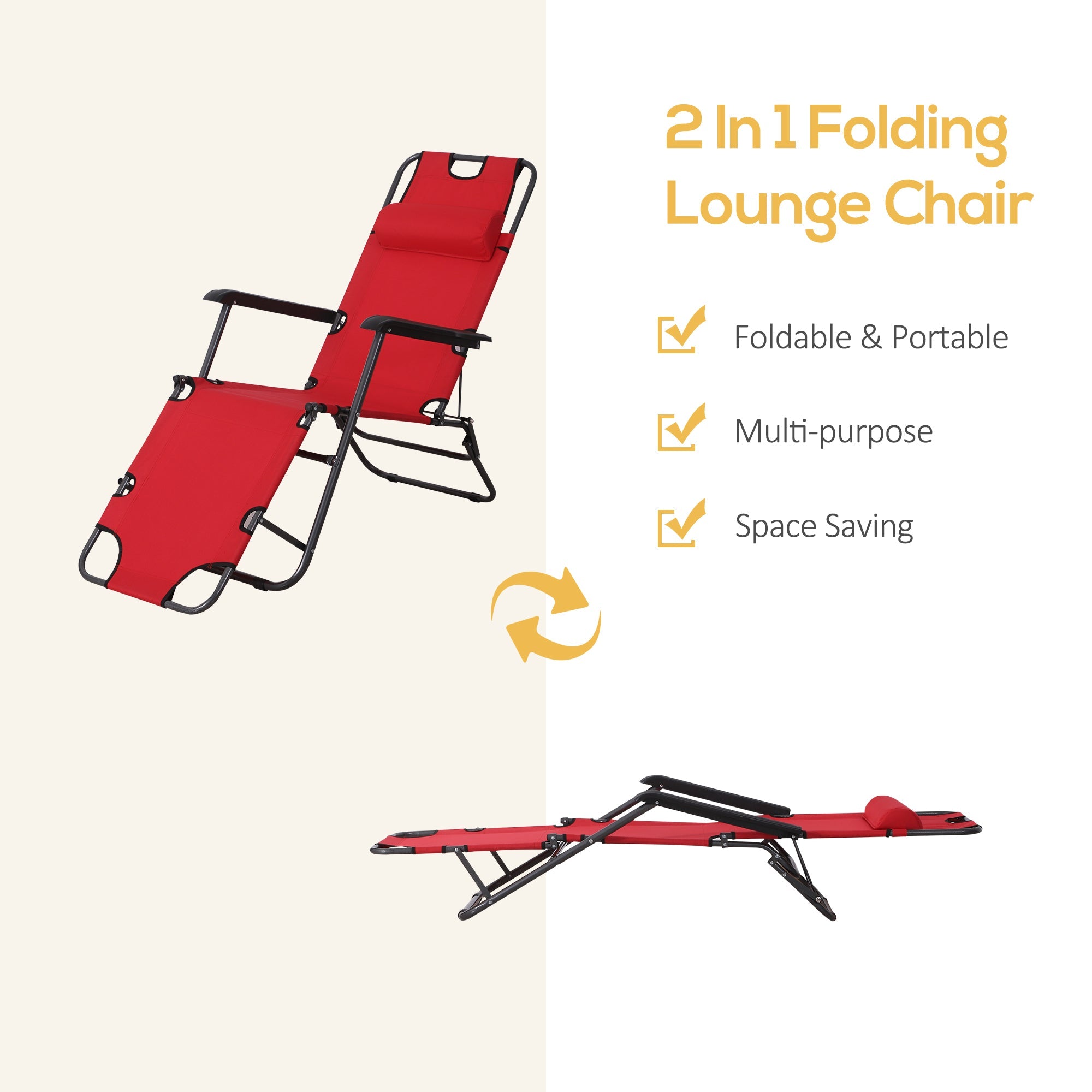 2 in 1 Sun Lounger Folding Reclining Chair Garden Outdoor Camping Adjustable Back with Pillow (Red)-3