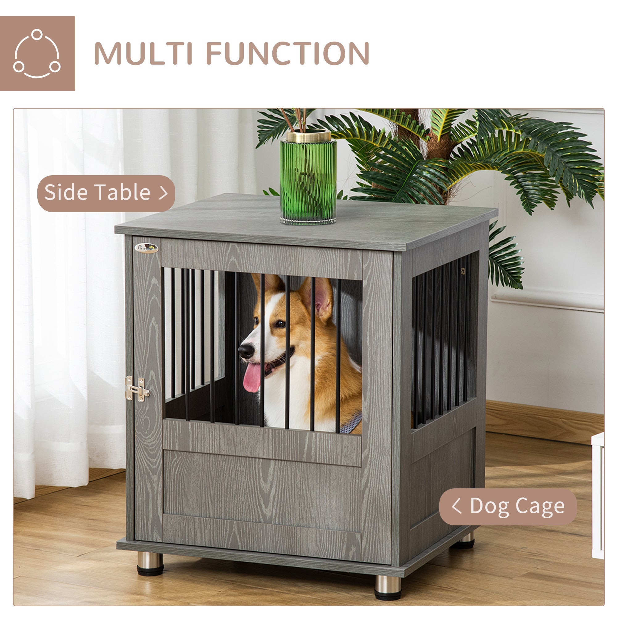 Dog Crate Furniture, Wooden End Table, Small Pet Kennel with Magnetic Door Indoor Crate Animal Cage, Grey-3