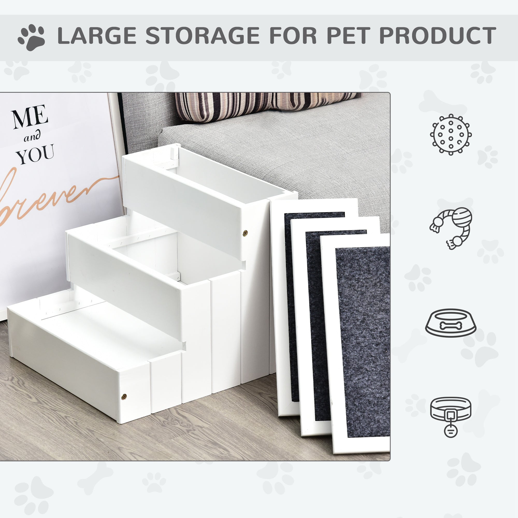 3 Step Wooden Carpeted Pet Stairs Ramp for Cats and Small Dogs with Non-Slip Carpet & Small Footprint, White-3