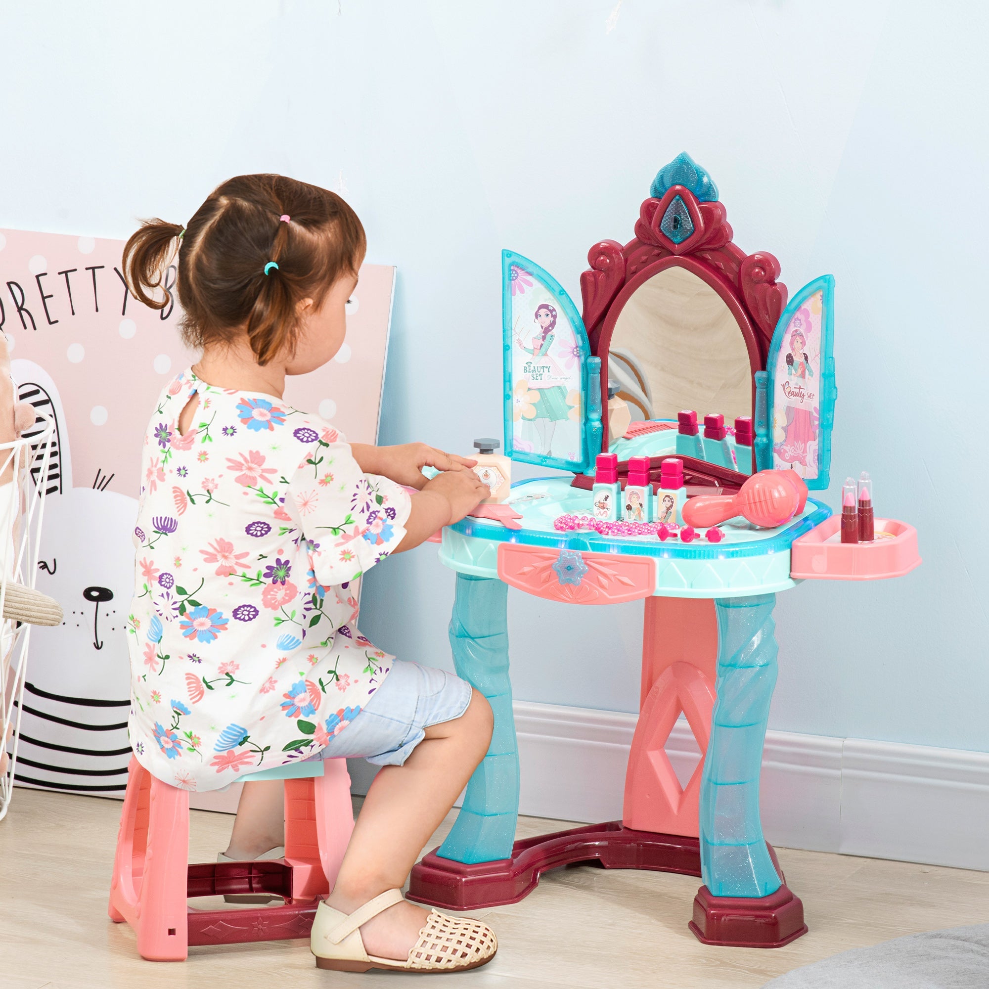 31 PCS Kids Dressing Table Set with Magic Princess Mirror, Musical Pretend Toy W/ Beauty Kit Mirror Light & Music, for 3-6 Years Old Blue+Pink-1