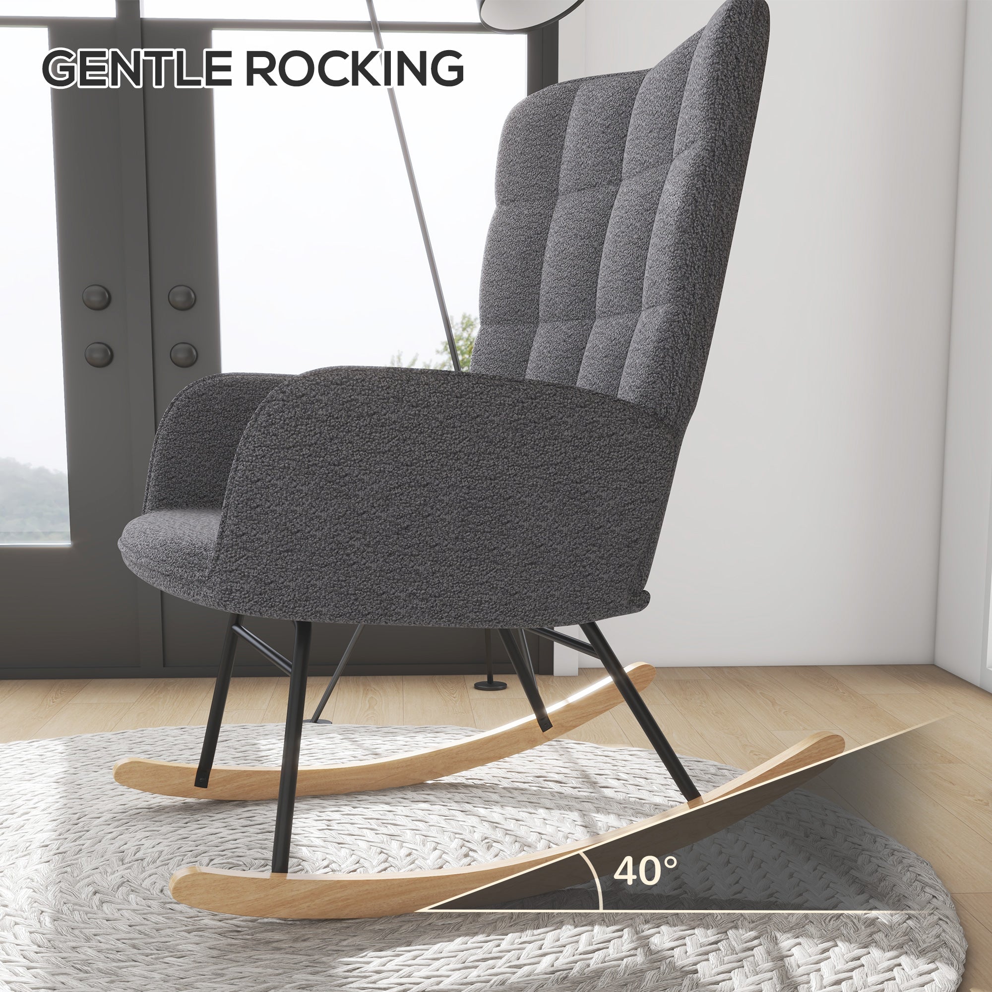 Wingback Rocking Chair for Nursing, Berber Fleece Nursery Glider Rocker, Modern Armchair for Living Room, Dark Grey-3