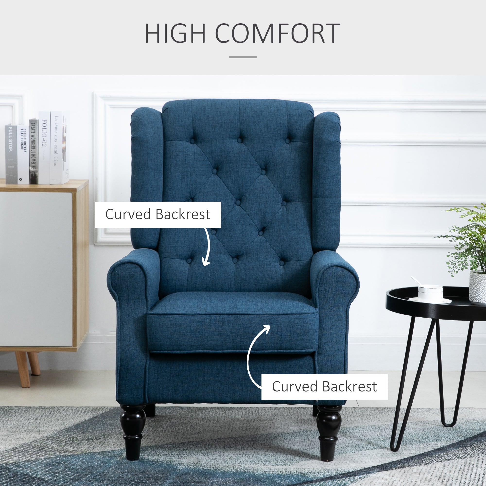 Wingback Accent Chair, Retro Upholstered Button Tufted Occasional Chair for Living Room and Bedroom, Blue-3