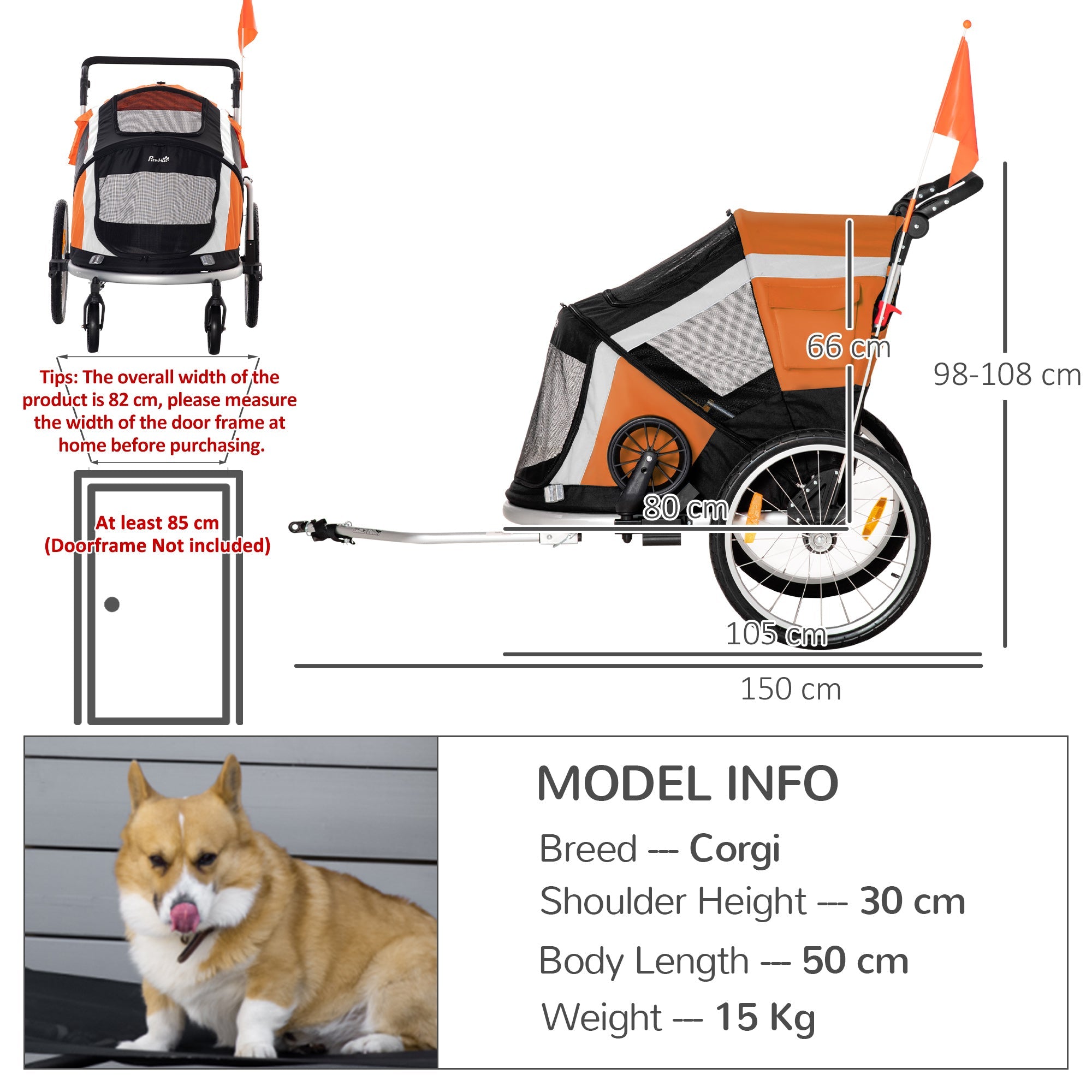 Dog Bike Trailer 2-in-1 Pet Stroller for Large Dogs Cart Foldable Bicycle Carrier Aluminium Frame with Safety Leash Hitch Coupler Flag Orange-2