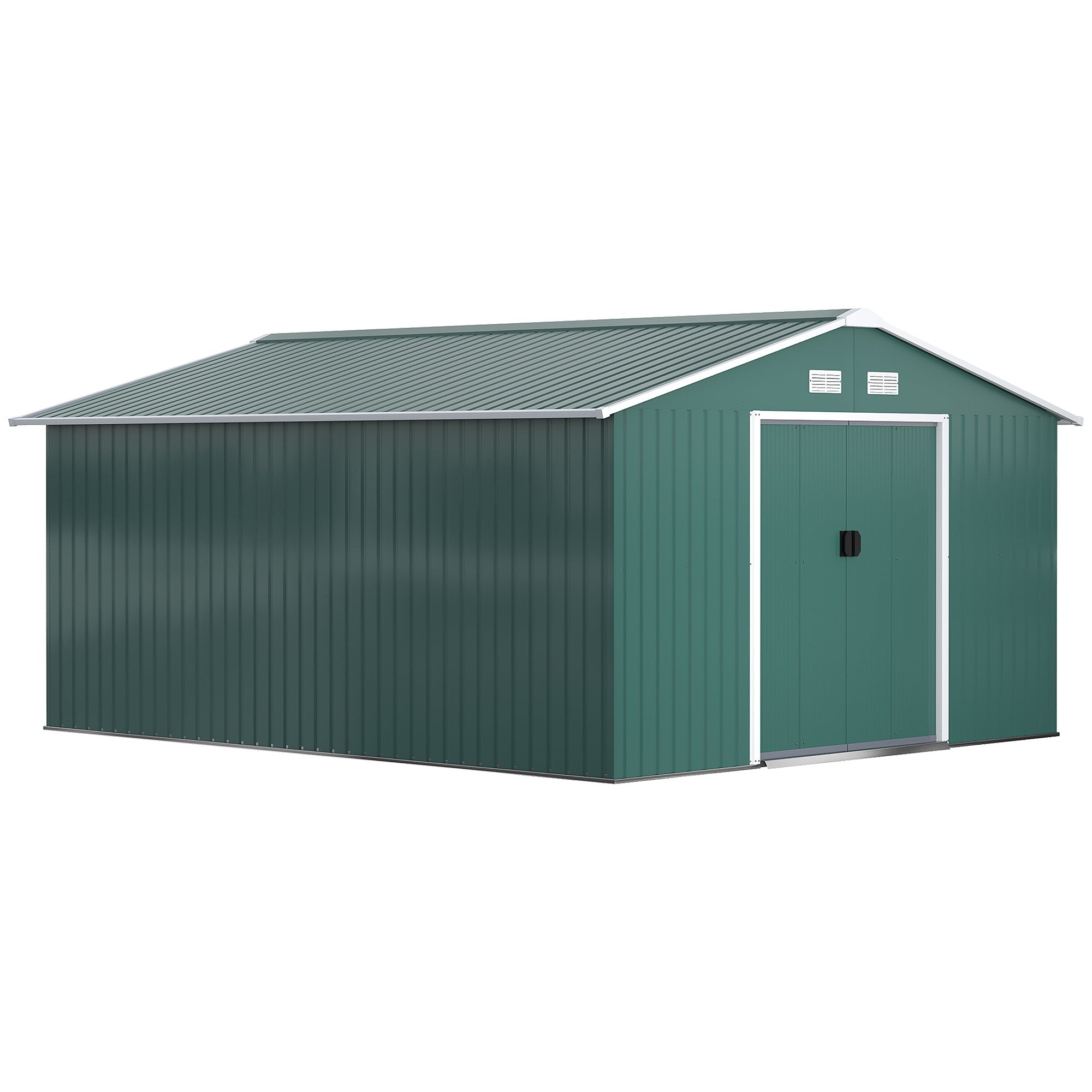 13 x 11 ft Metal Garden Shed Large Patio Roofed Tool Storage Box with Ventilation and Sliding Door, Deep Green-0