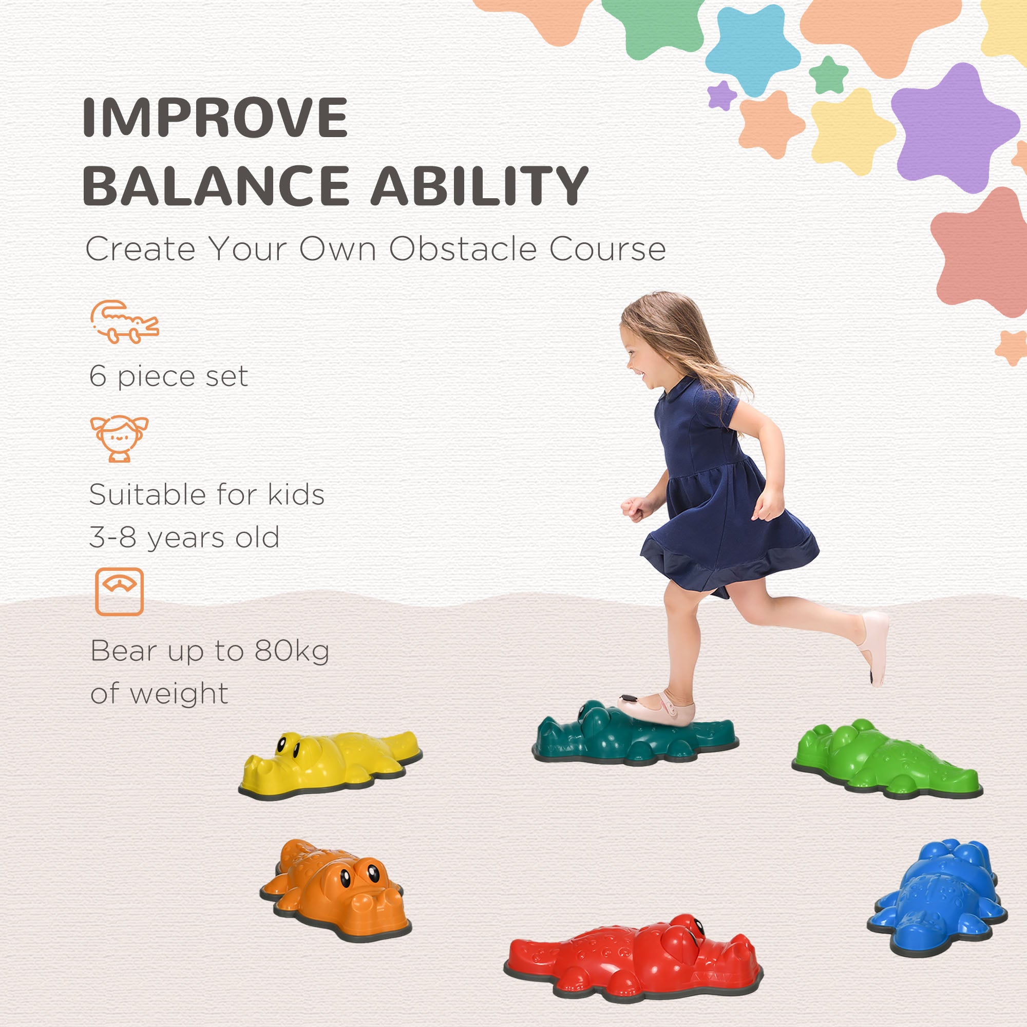 6PCs Kids Stepping Stones, Crocodile-Designed Sensory Toys, with Anti-Slip Edge Balance River Stones-3