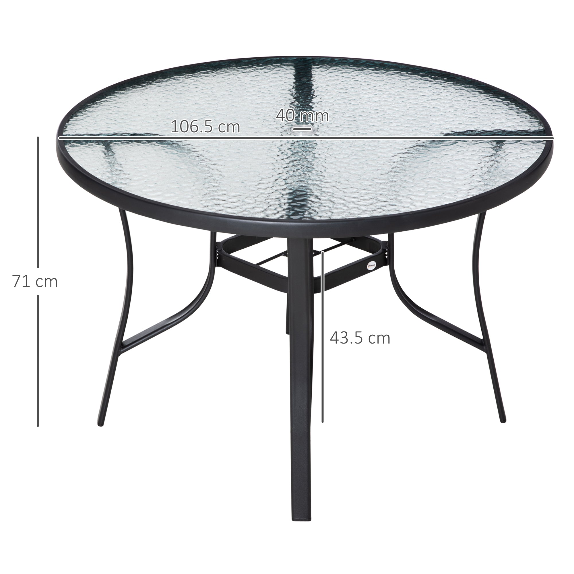 106cm Round Garden Dining Table with Parasol Hole Tempered Glass Top Steel Frame-2