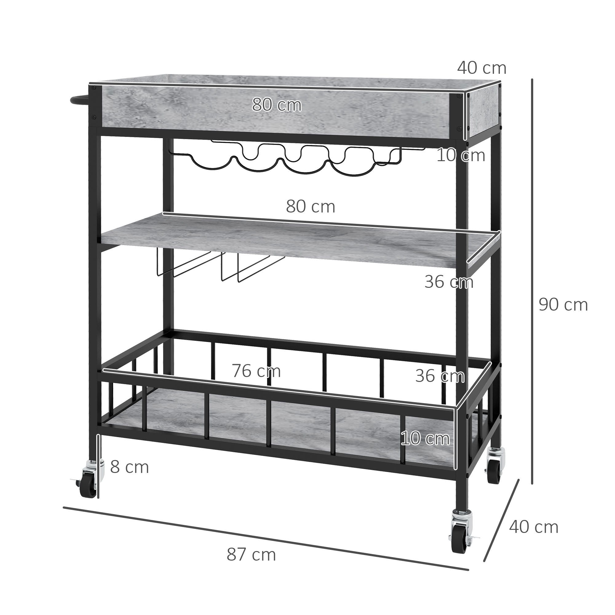 3-Tier Kitchen Cart, Kitchen Island with Storage Shelves, Removable Tray, Wine Racks, Glass Holders, Faux Marbled Grey-2