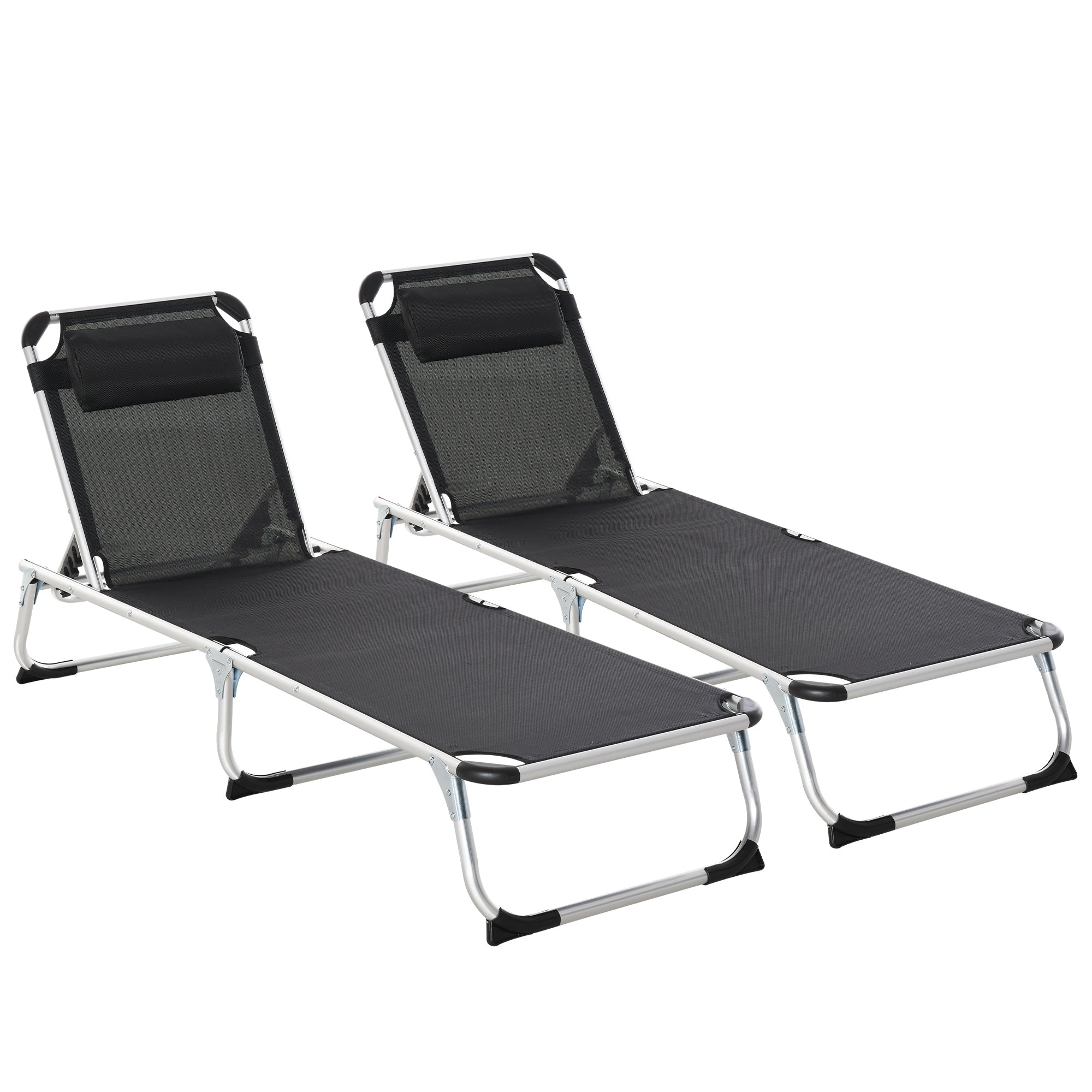 2 Pieces Foldable Sun Lounger with Pillow, 5-Level Adjustable Reclining Lounge Chair, Aluminium Frame Camping Bed Cot, Black-0